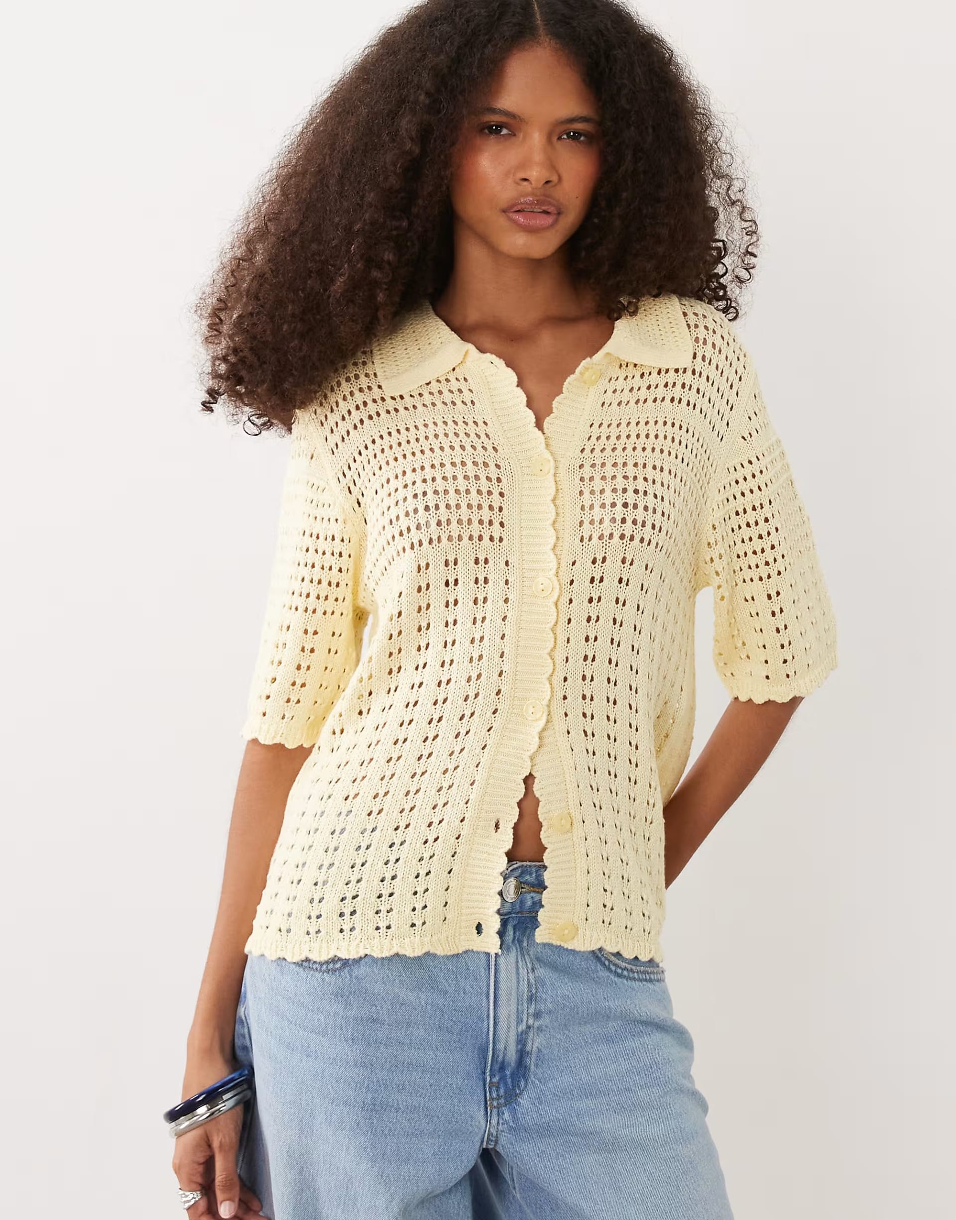 ASOS Yellow Crochet Cardigan in Pale Yellow