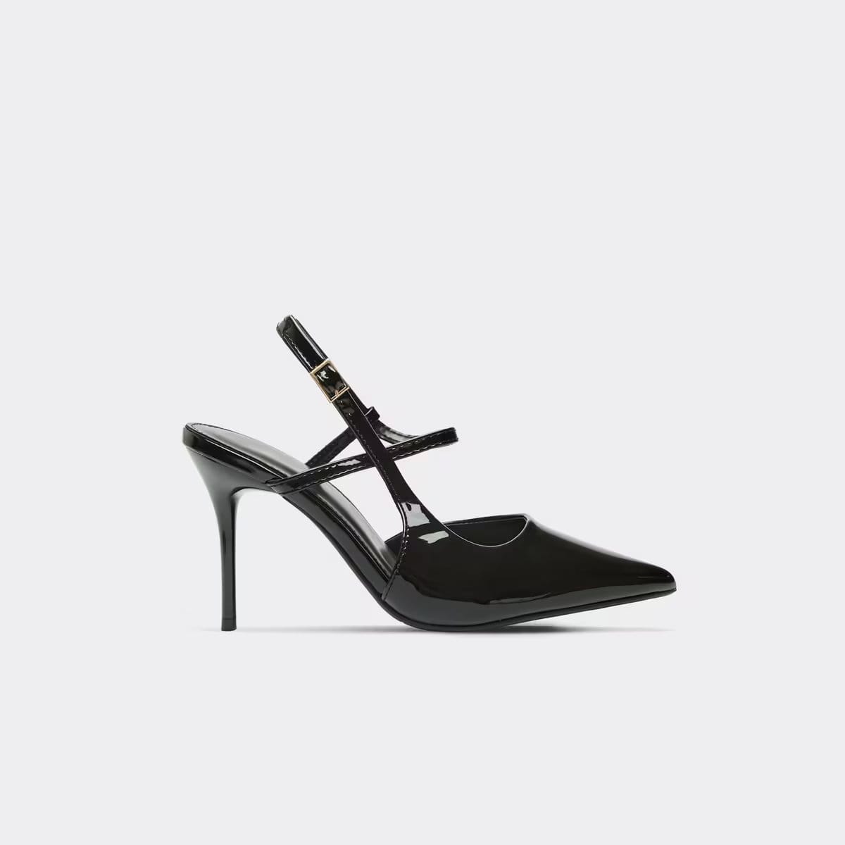 EGO Harley Strappy Detail Pointed Toe Slingback Court Heel In Black Patent, Women's Size UK 3 - 1