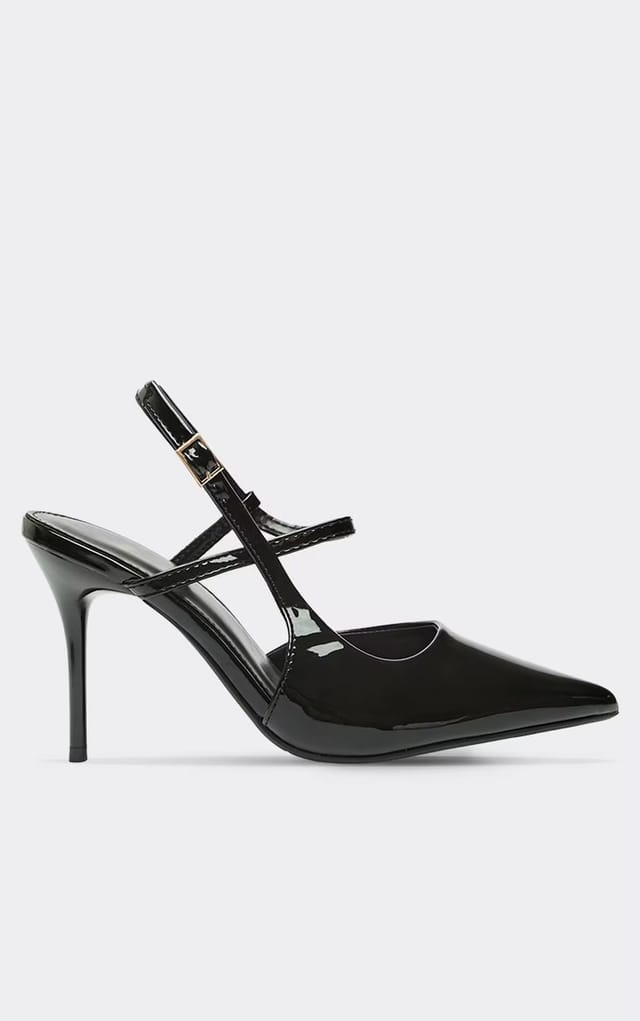 EGO Harley Strappy Detail Pointed Toe Slingback Court Heel In Black Patent, Women's Size UK 3 - 2