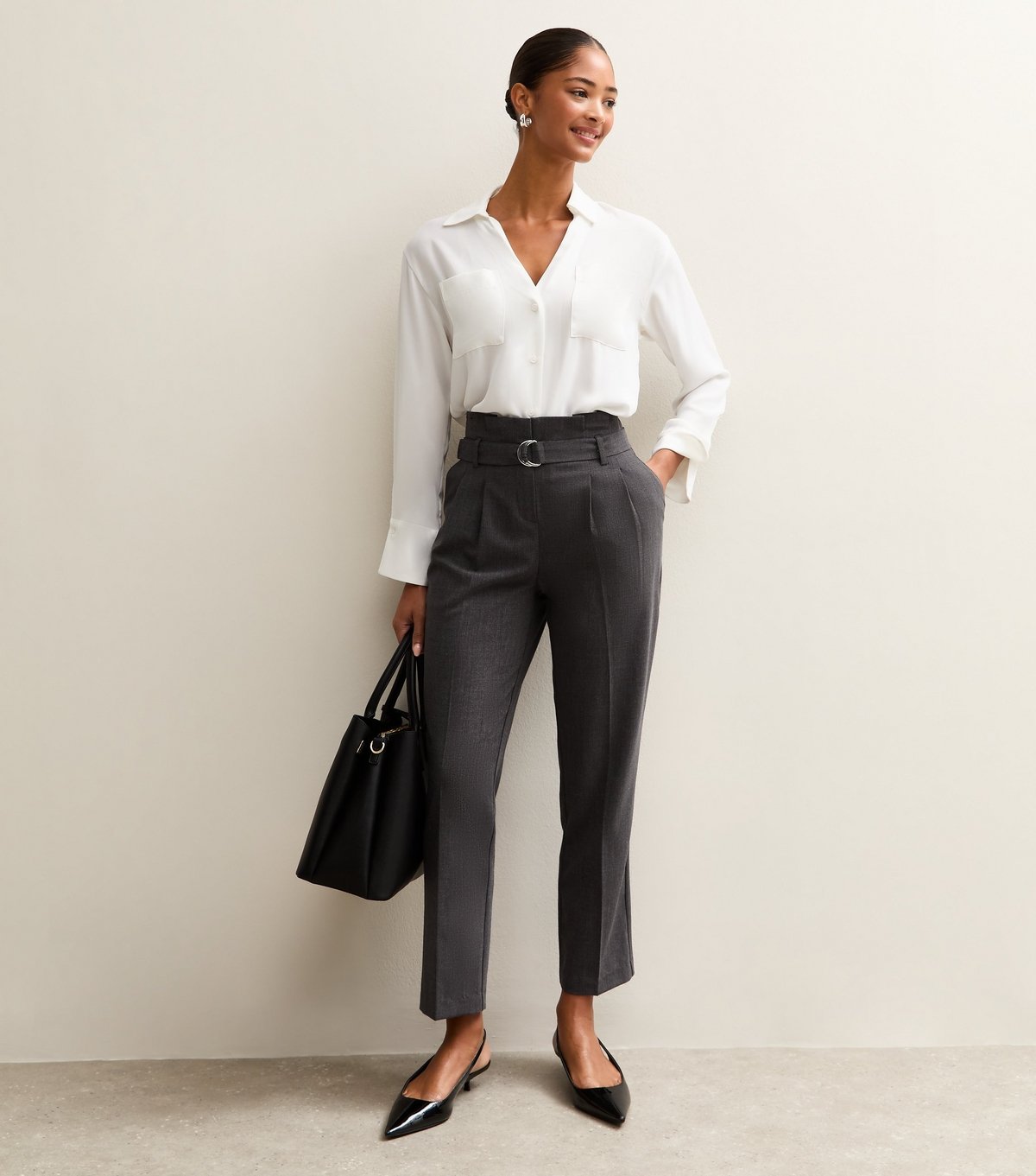 New Look Women's Dark Grey Paperbag Waist Tapered Trousers New Look - 2