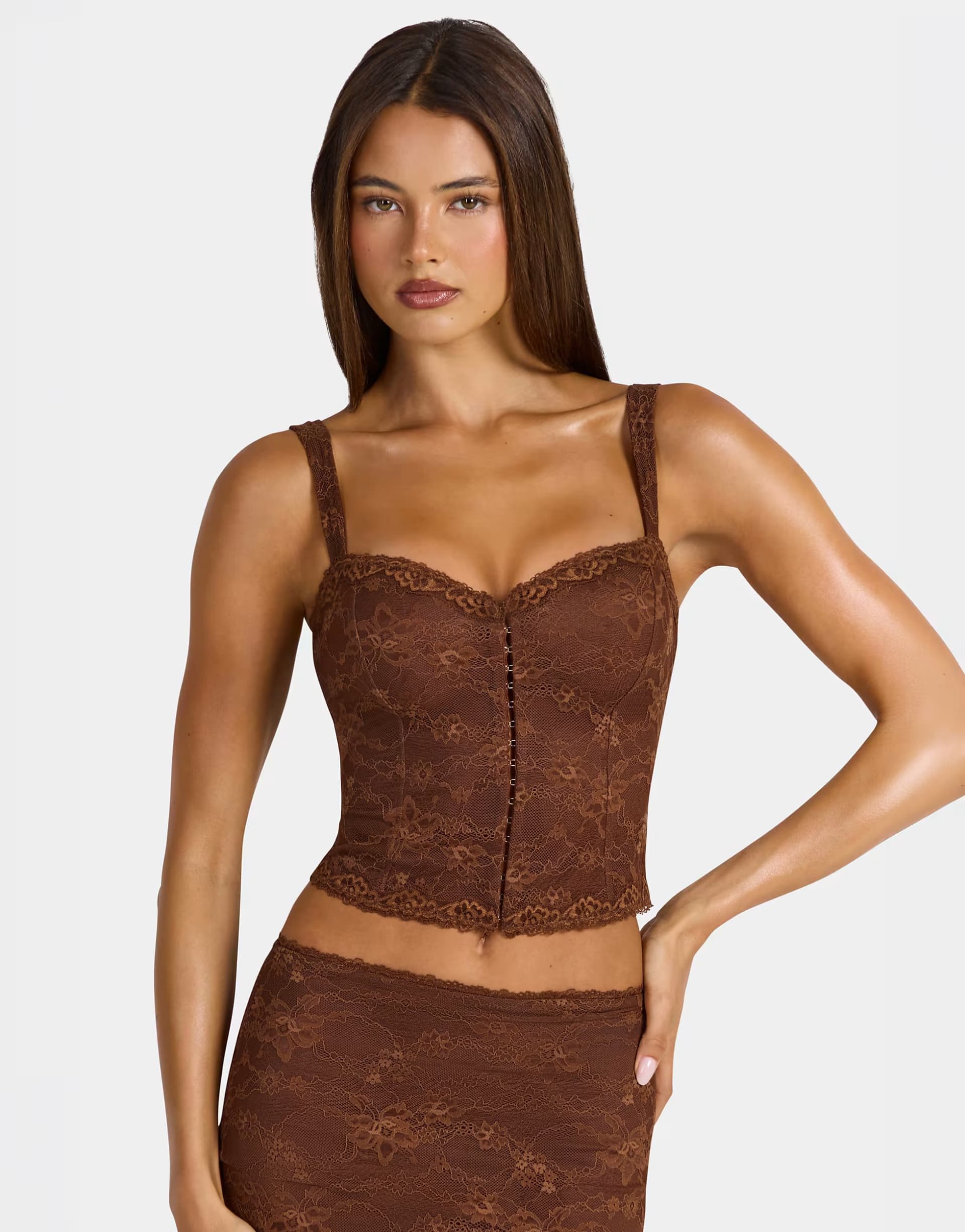 ASOS Oh Polly lace sweetheart hook and eye corset top co-ord in chocolate