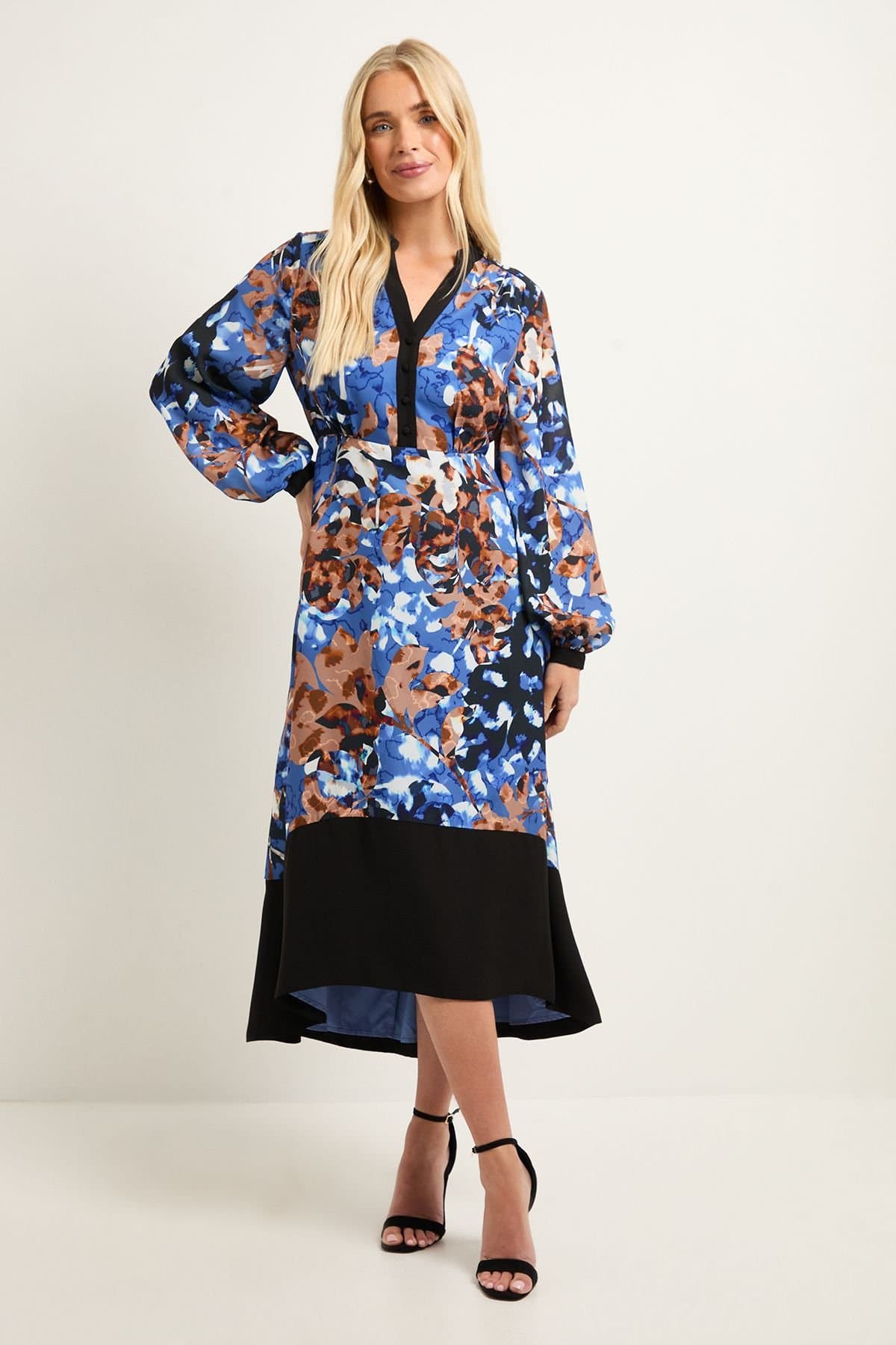 Wallis Wallis Women's Petite Floral Belted Contrast Midi Dress in Chocolate