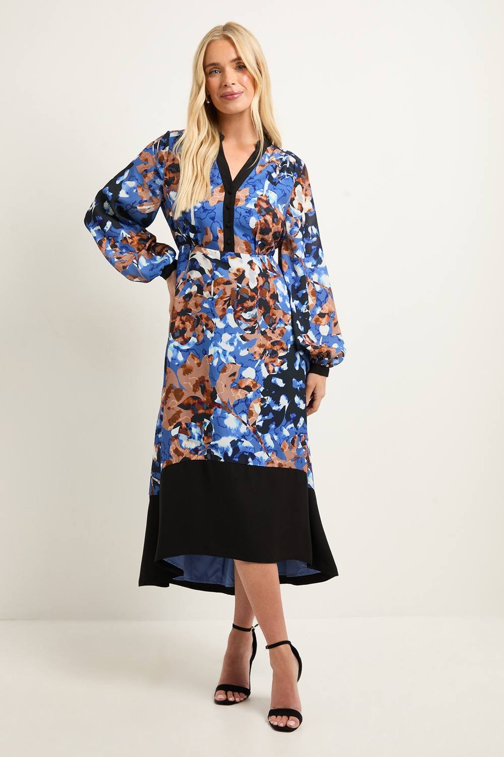 Wallis Wallis Women's Petite Floral Belted Contrast Midi Dress in Chocolate - 2