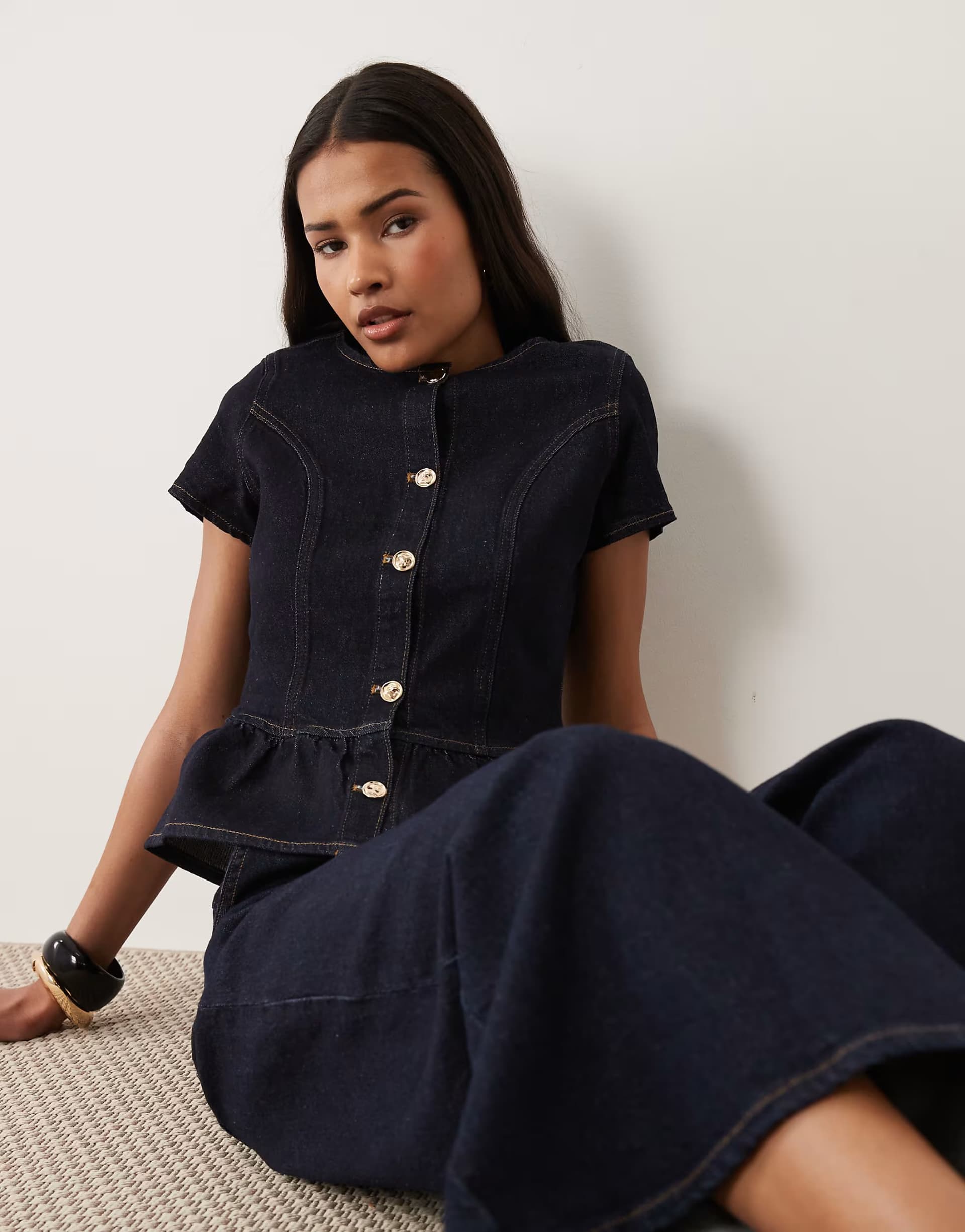 ASOS Miss Selfridge denim short sleeve peplum top co ord in indigo