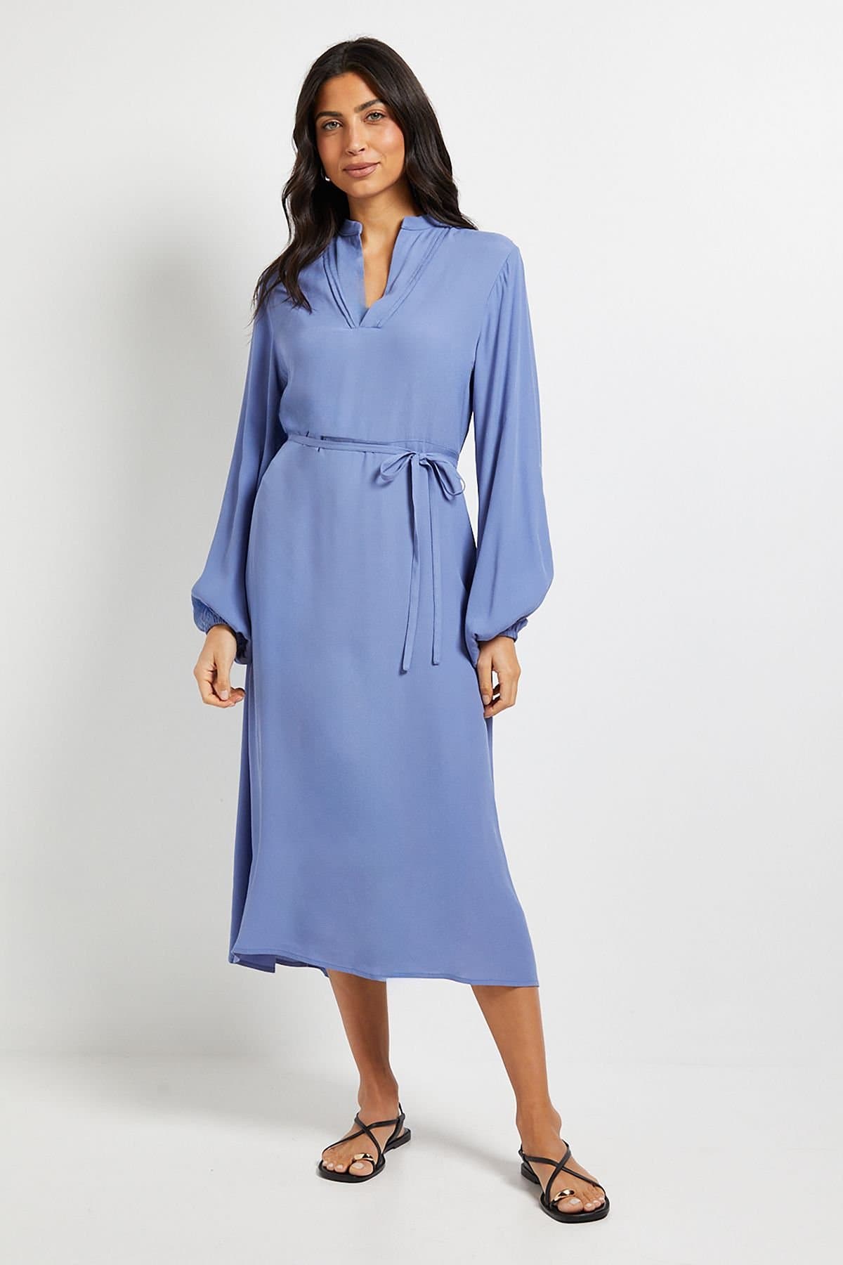 Wallis Wallis Women's Viscose Seam Detail Collarless Midi Dress in Blue