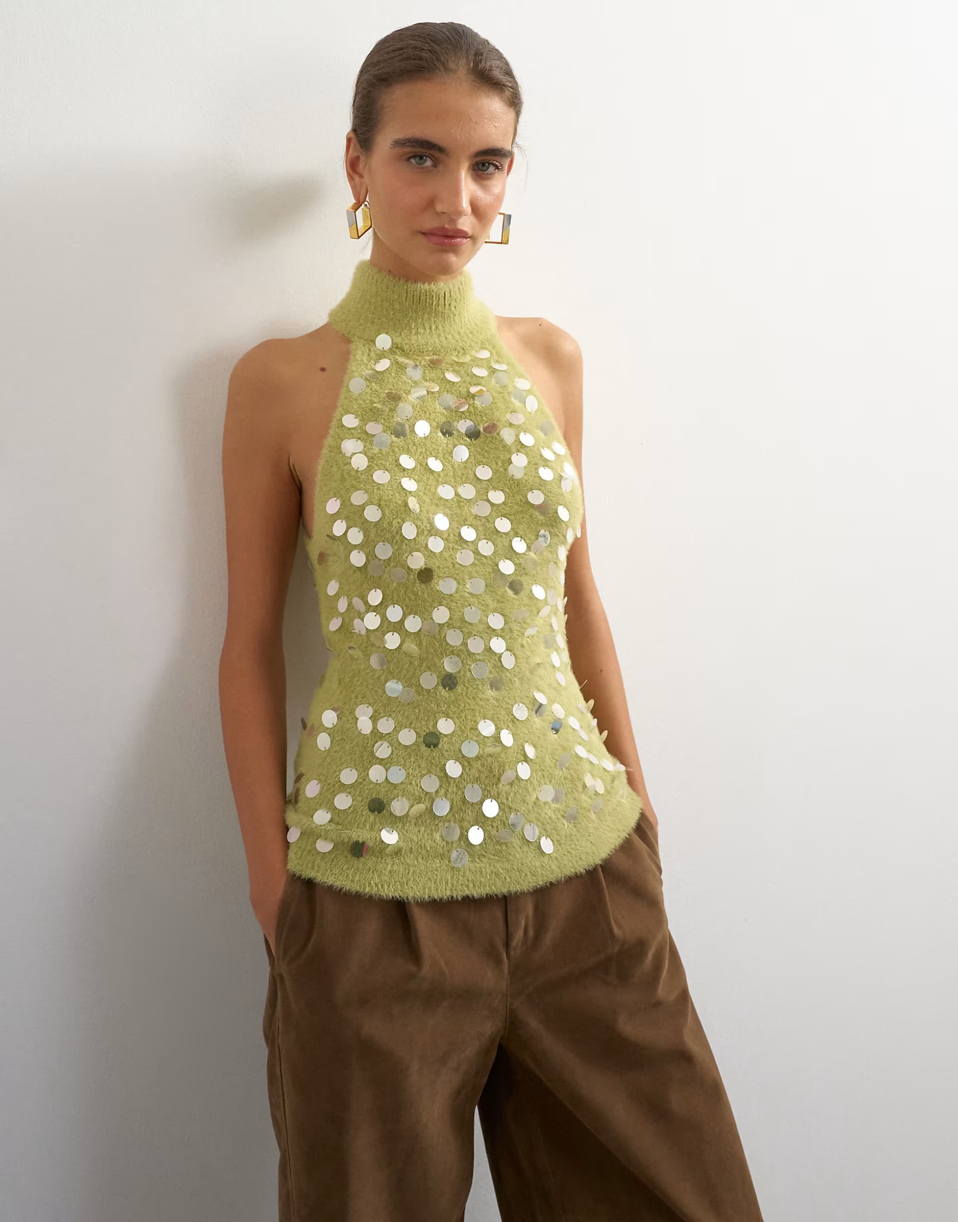 ASOS Topshop knitted halter neck sequin top in green