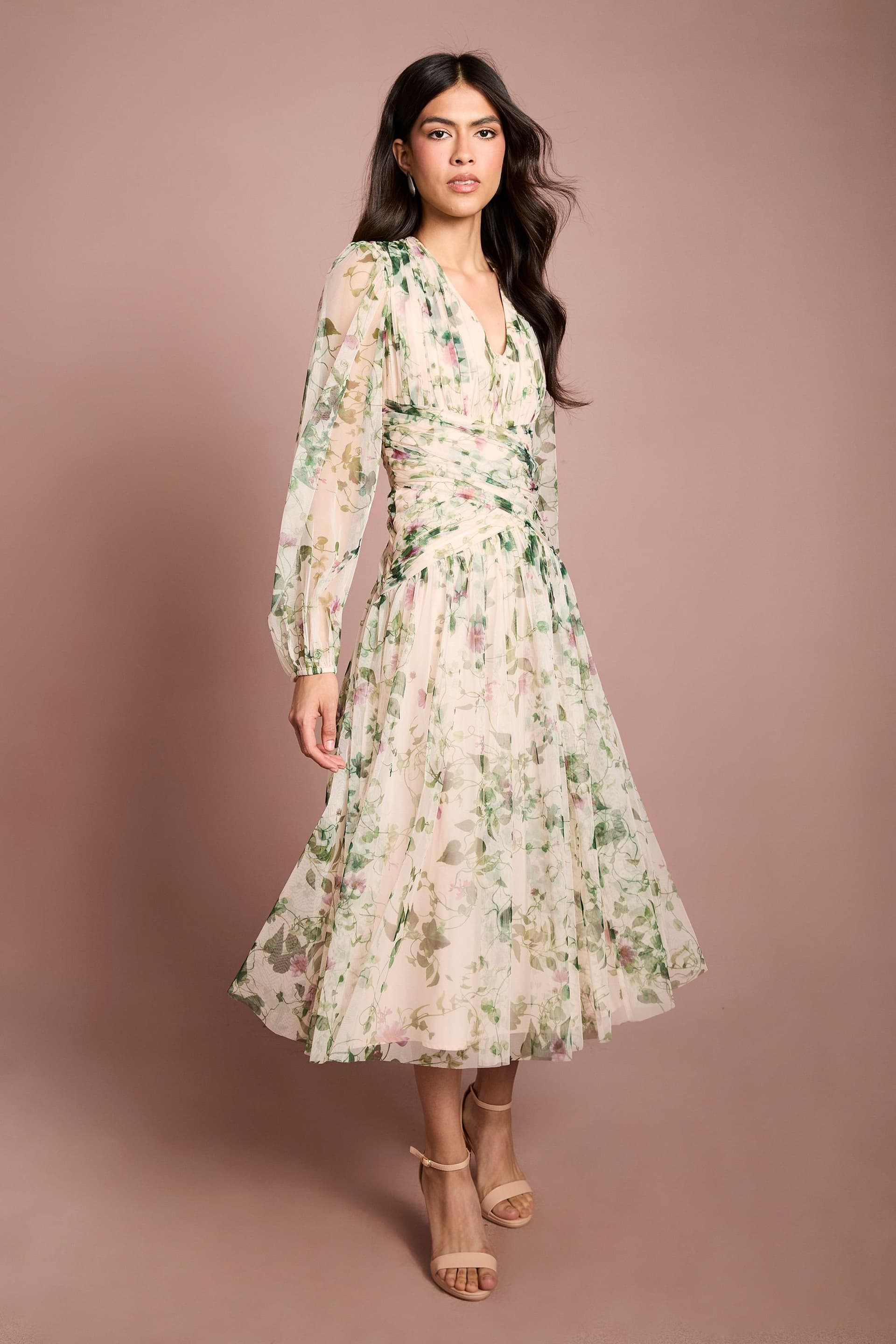 Coast Coast Women's Printed Floral Mesh Midi Dress in Ivory