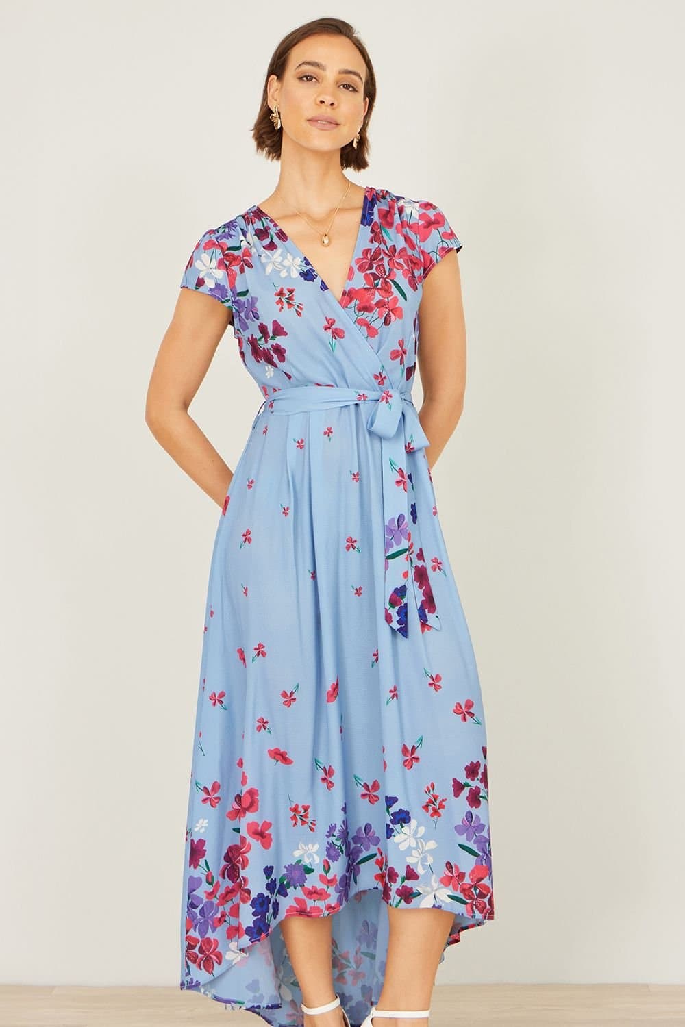 Yumi Yumi Women's Floral Mirror Wrap High Low Midi Wrap Dress in Blue