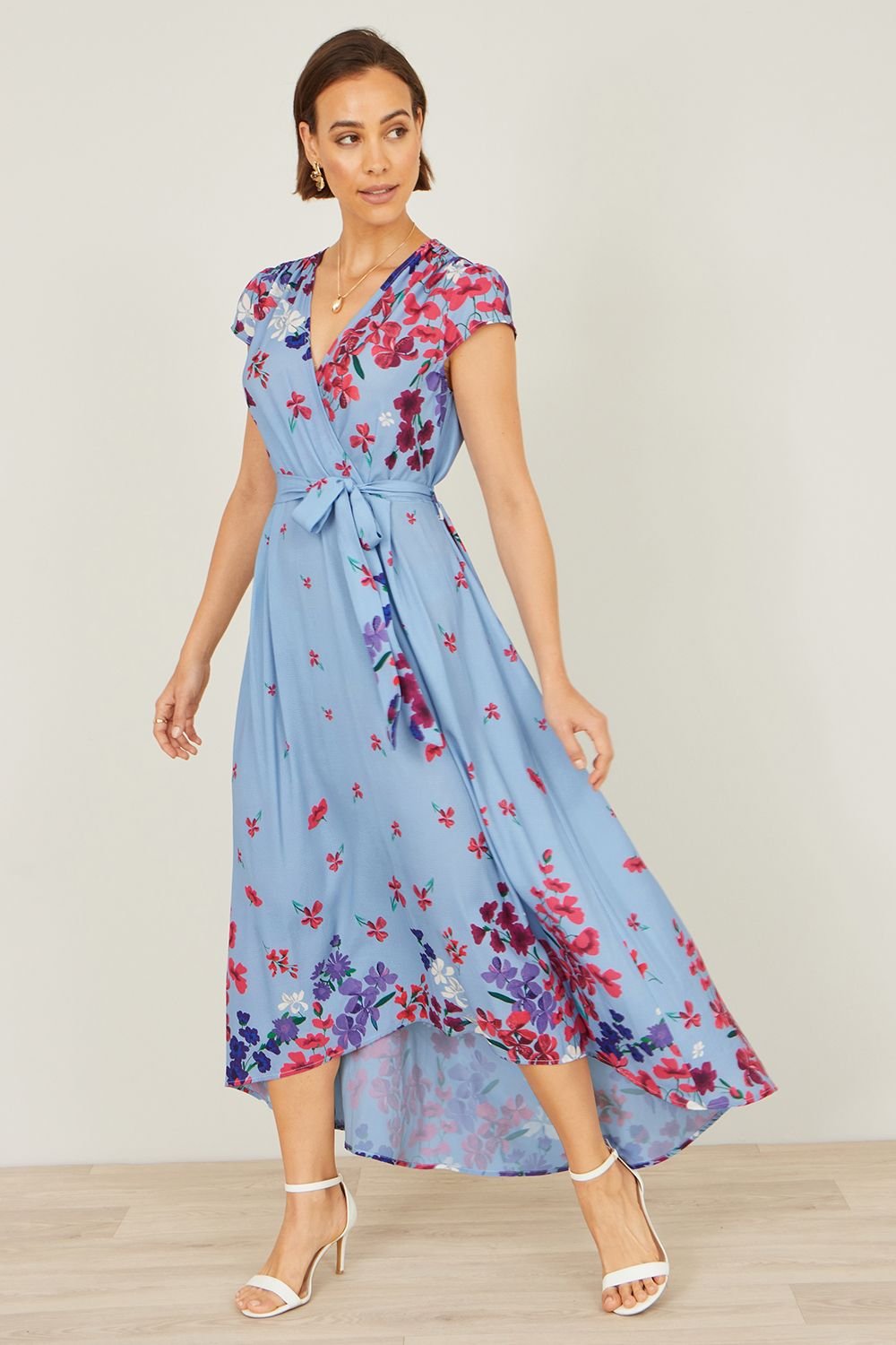 Yumi Yumi Women's Floral Mirror Wrap High Low Midi Wrap Dress in Blue - 2