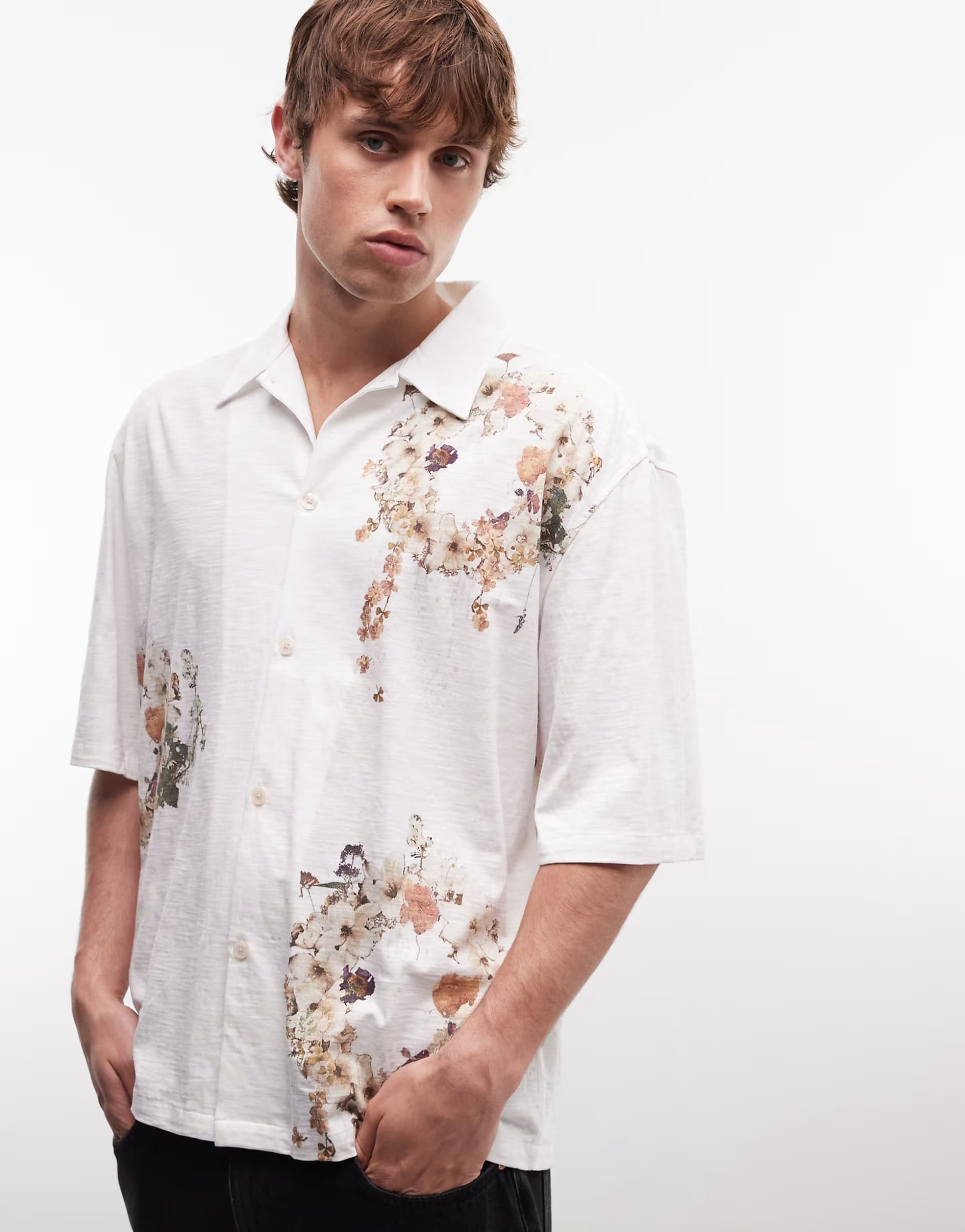 ASOS AllSaints Fleur Lis short sleeve revere floral shirt in ecru