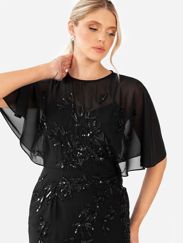 Maya Deluxe Maya Deluxe Women's Floral Embellished Angel Sleeve Maxi Dress in Black - 3