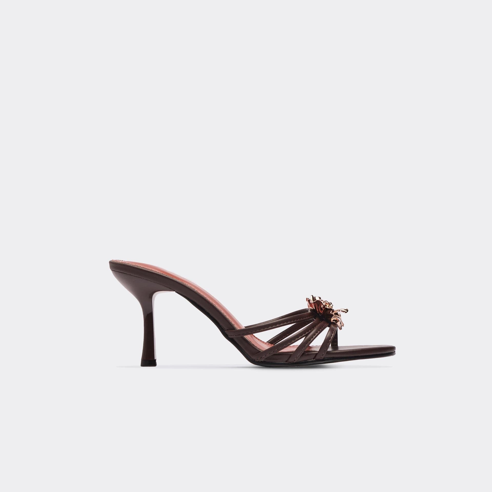 EGO Marlon Flower Detail Strappy Heeled Mule In Brown Faux Leather, Women's Size UK 3