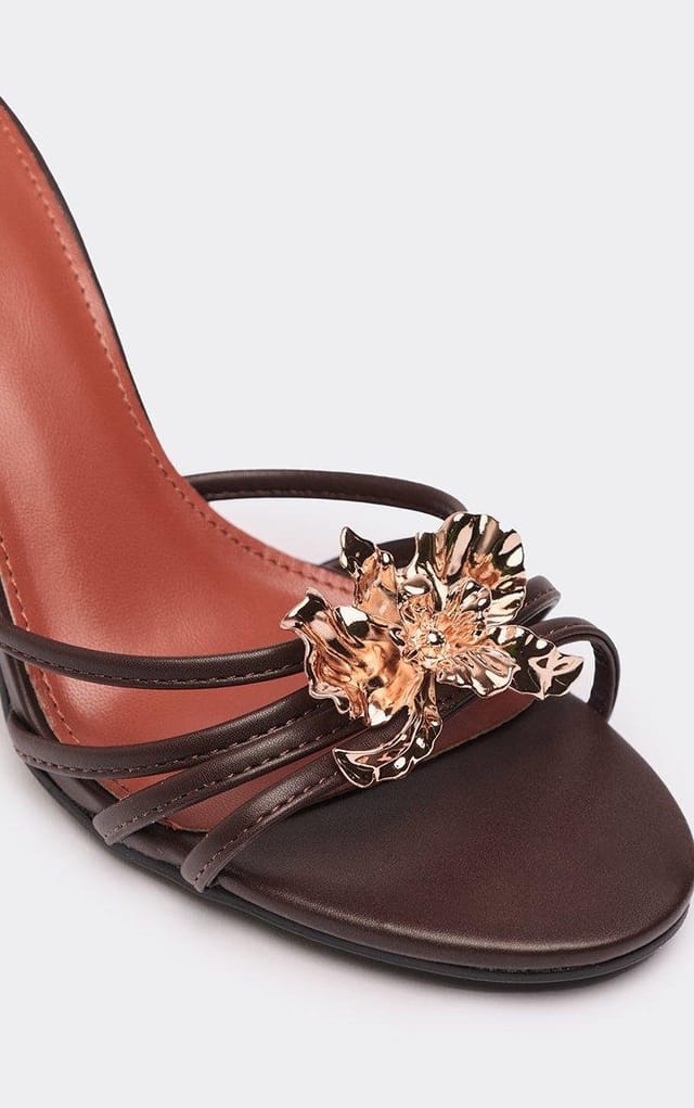 EGO Marlon Flower Detail Strappy Heeled Mule In Brown Faux Leather, Women's Size UK 3 - 2