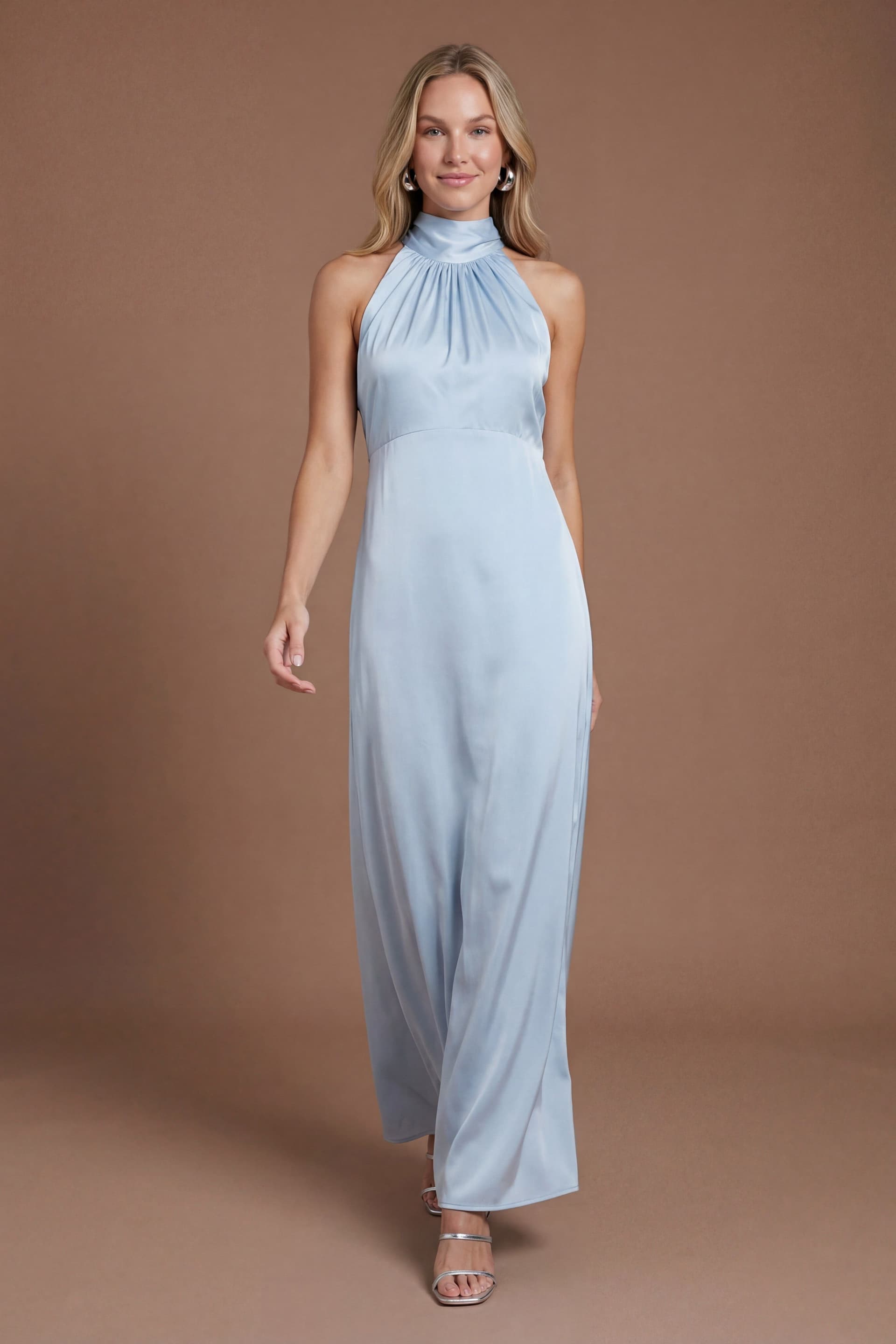 Oasis Oasis Women's Light Blue Satin Halter Neck Maxi Bridesmaid Dress