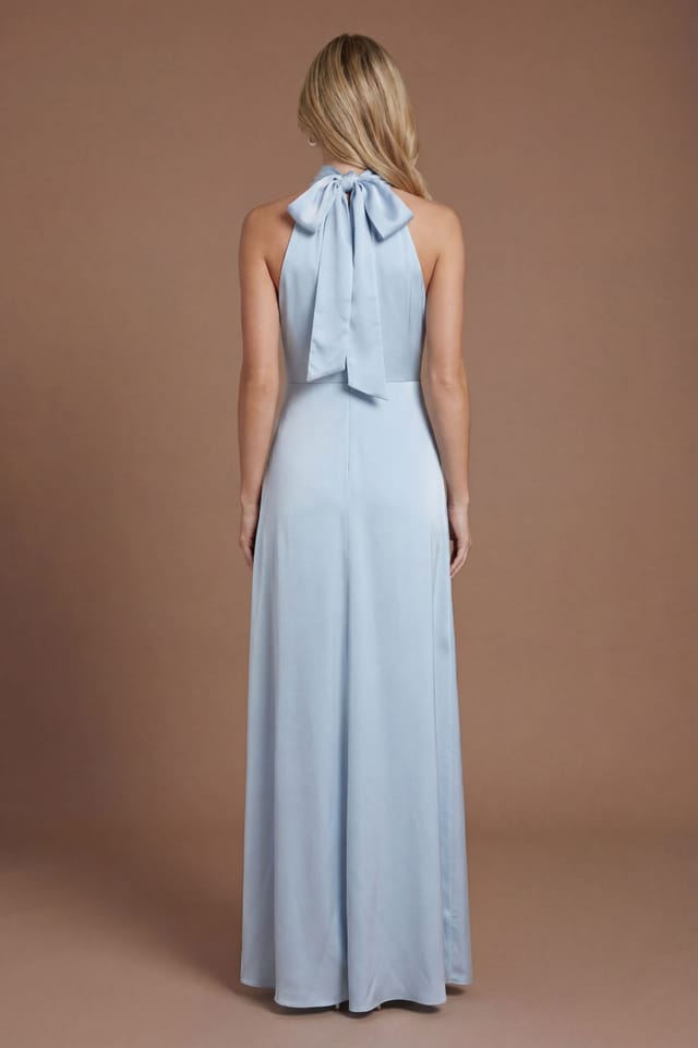 Oasis Oasis Women's Light Blue Satin Halter Neck Maxi Bridesmaid Dress - 3