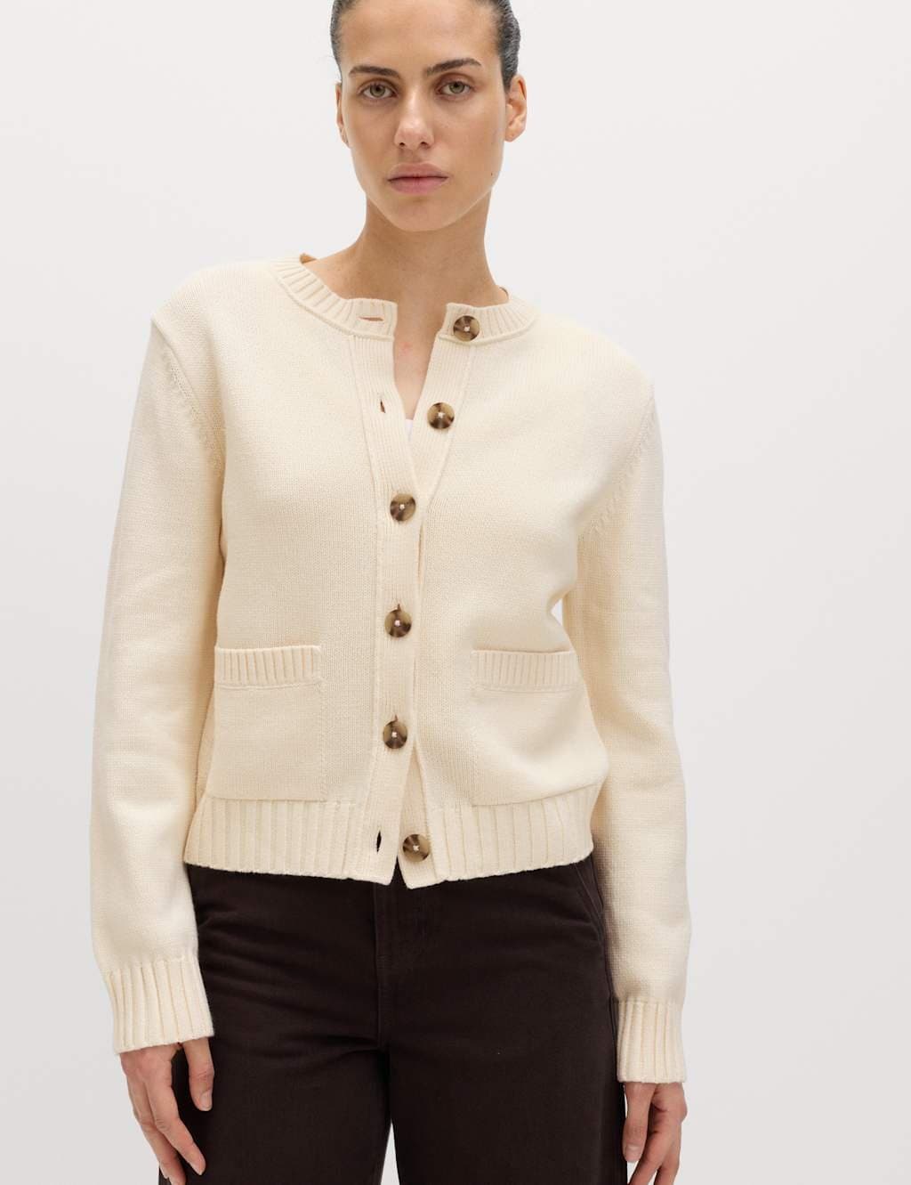 Marks & Spencer M&S Cotton Rich Crew Neck Button Front Cardigan Vanilla