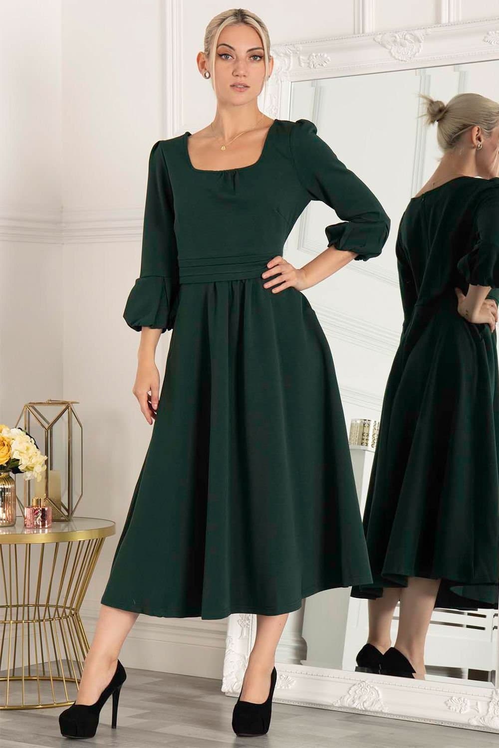 Jolie Moi Jolie Moi Women's Bell Sleeve Flare Midi Dress in Dark Green