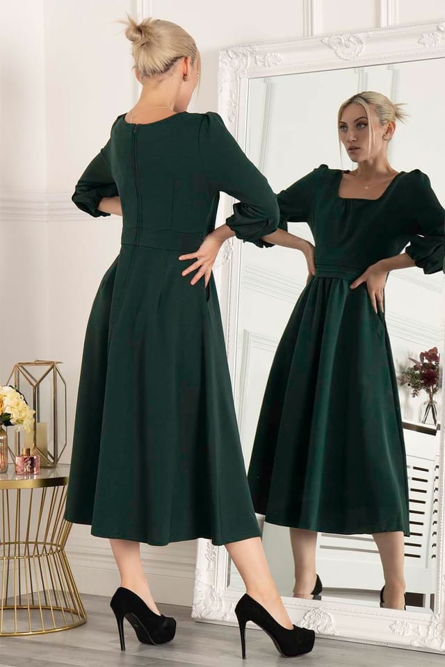 Jolie Moi Jolie Moi Women's Bell Sleeve Flare Midi Dress in Dark Green - 2