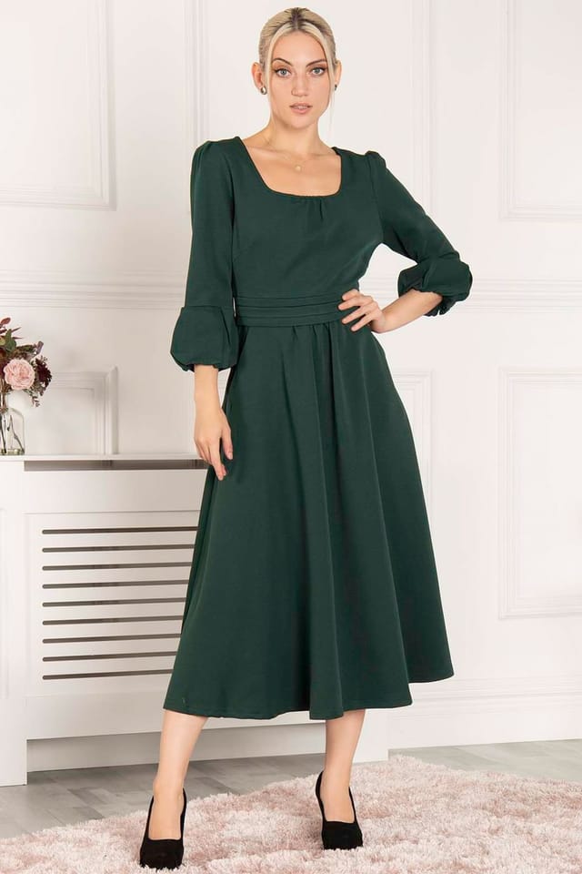 Jolie Moi Jolie Moi Women's Bell Sleeve Flare Midi Dress in Dark Green - 3