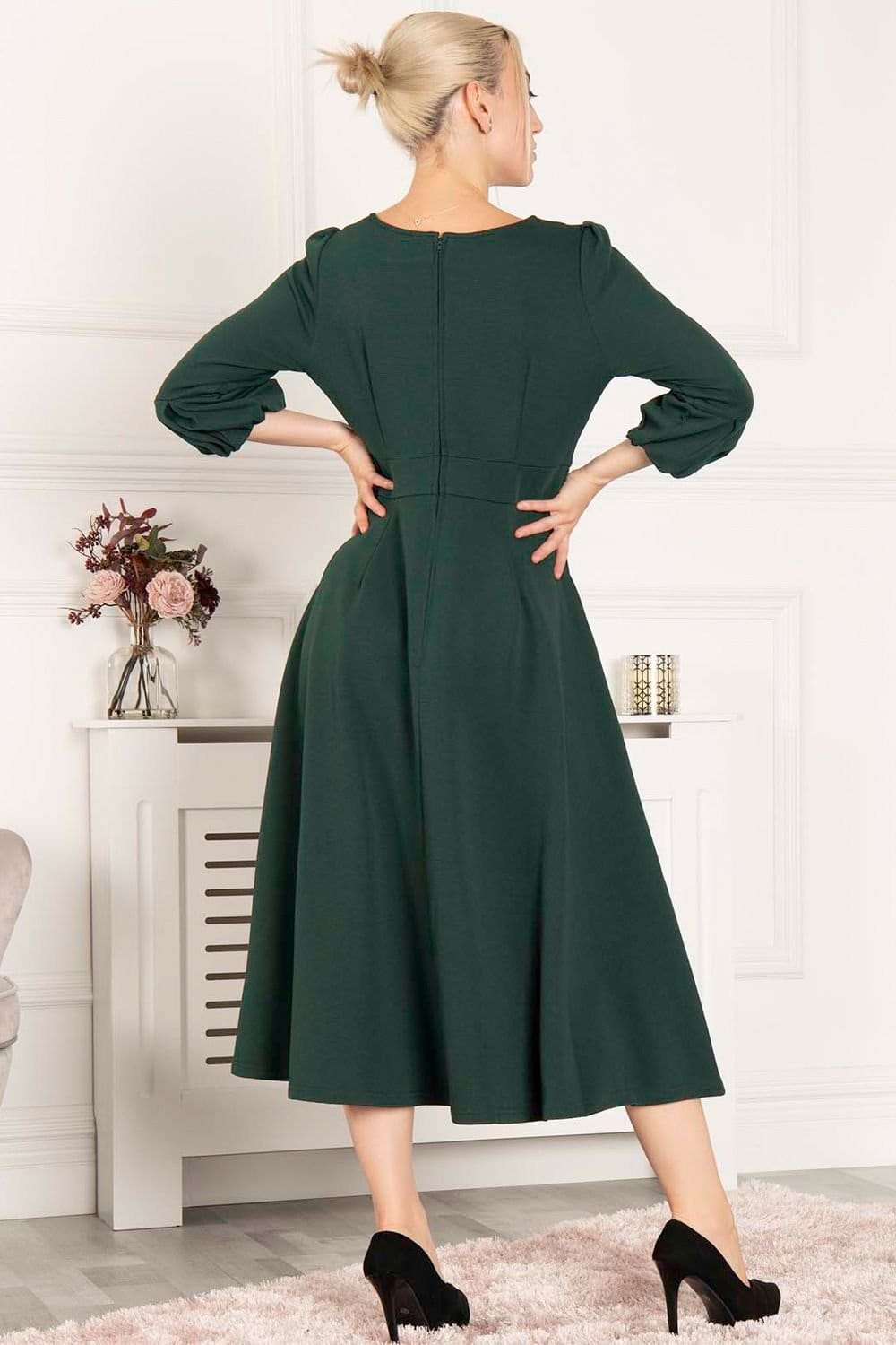 Jolie Moi Jolie Moi Women's Bell Sleeve Flare Midi Dress in Dark Green - 4