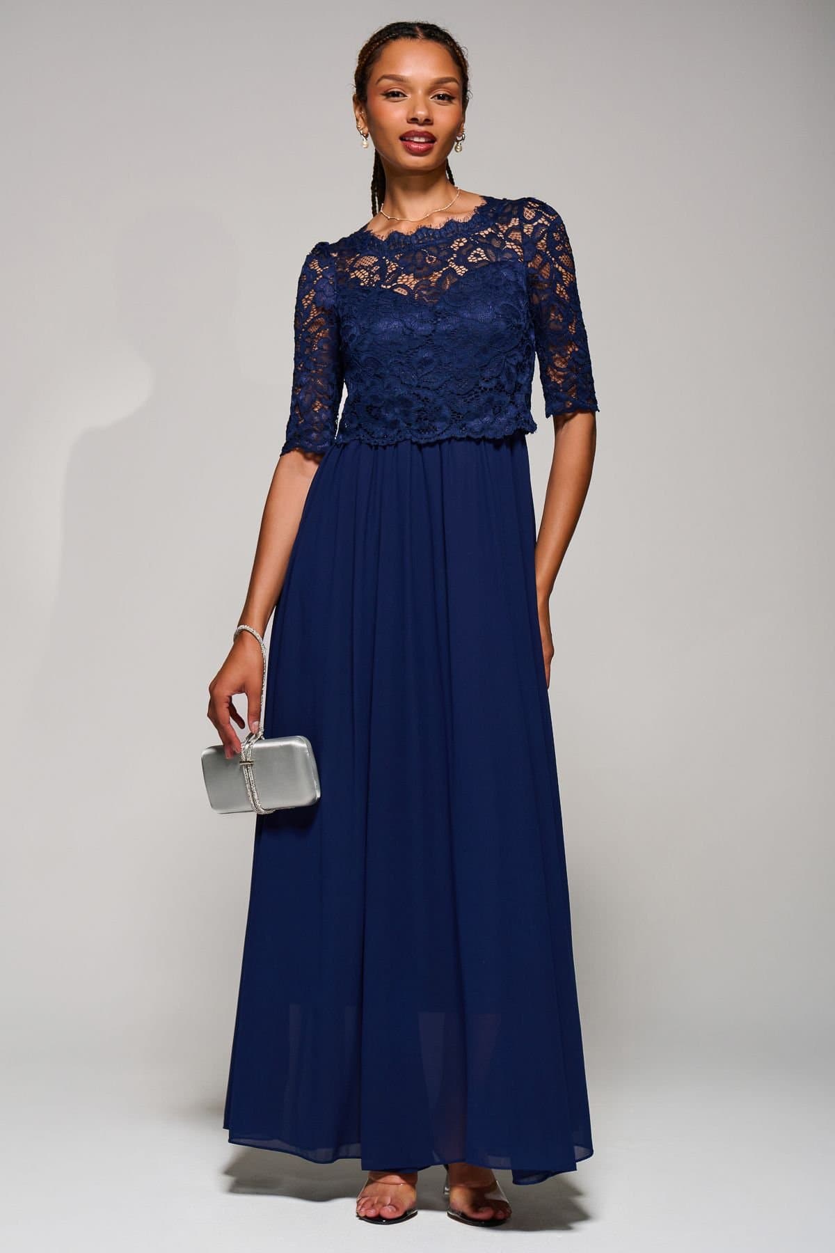 Jolie Moi Jolie Moi Women's Sleeved Lace Overlay Maxi Dress in Navy