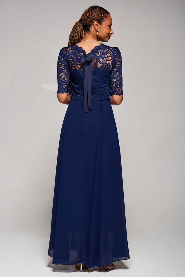 Jolie Moi Jolie Moi Women's Sleeved Lace Overlay Maxi Dress in Navy - 2