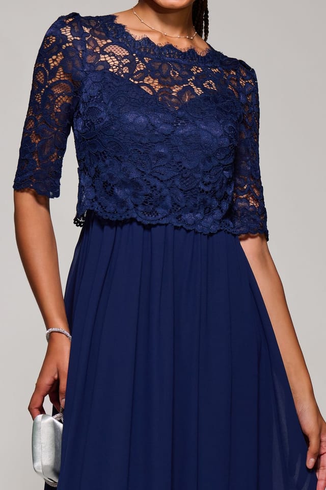 Jolie Moi Jolie Moi Women's Sleeved Lace Overlay Maxi Dress in Navy - 3