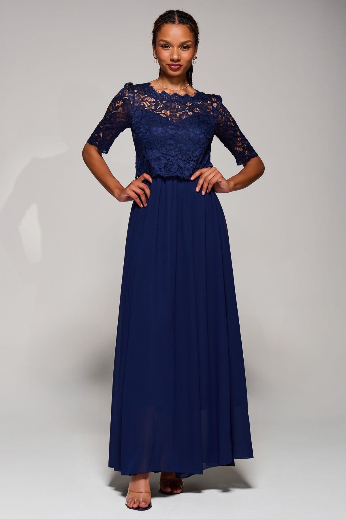 Jolie Moi Jolie Moi Women's Sleeved Lace Overlay Maxi Dress in Navy - 4