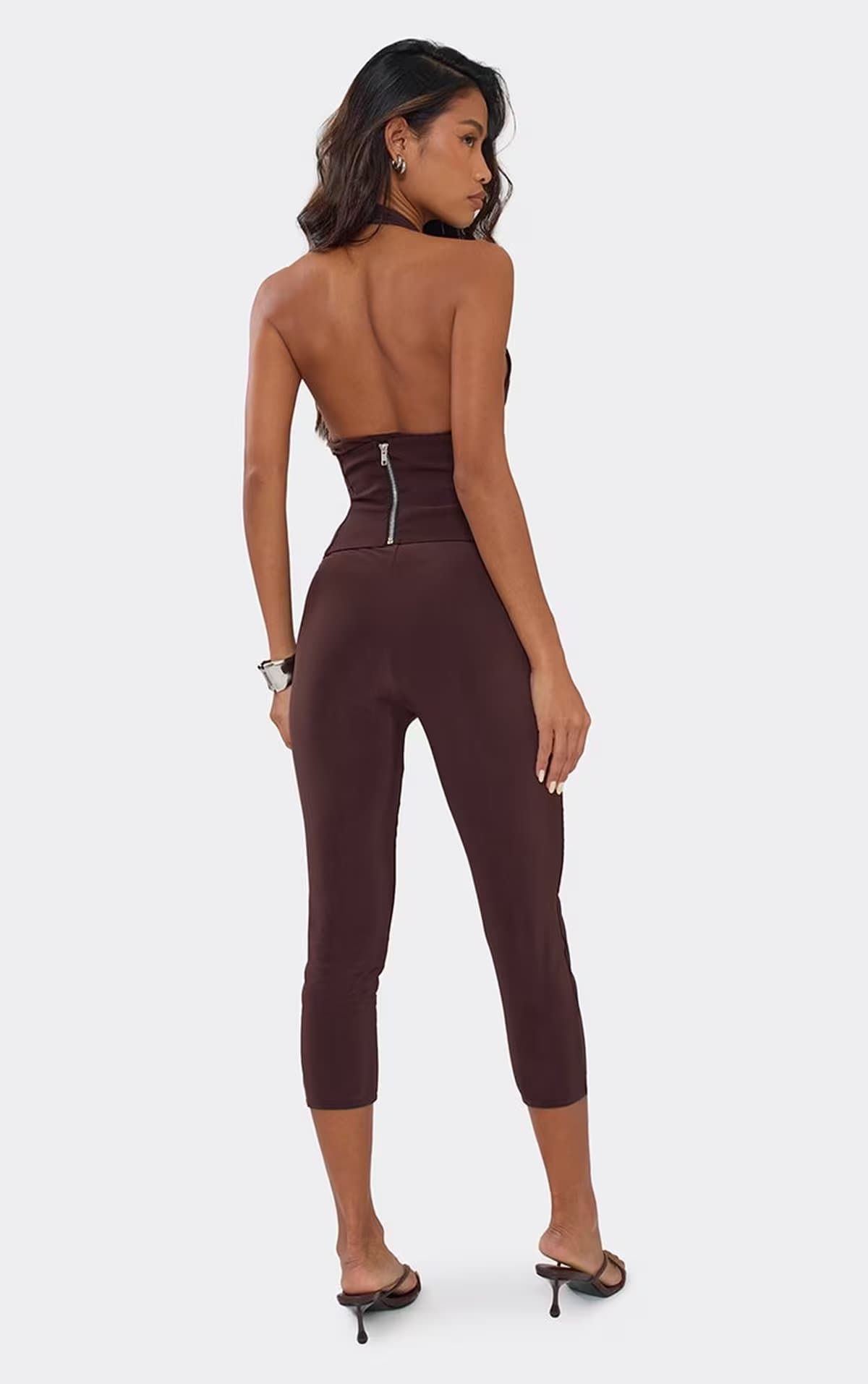 EGO Halterneck Plunge Front Corset Capri Jumpsuit In Brown, Women's Size UK 6