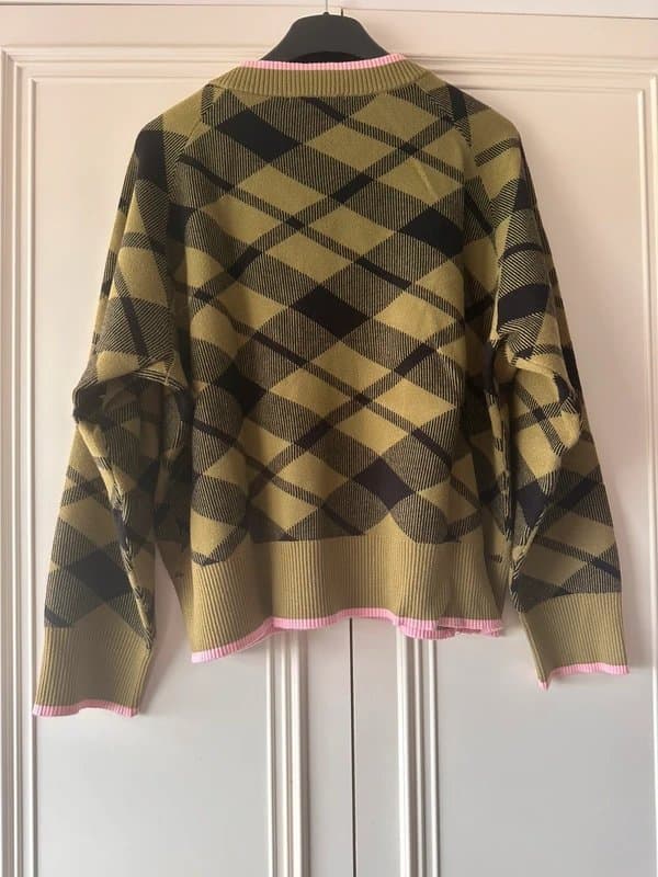 Never Fully Dressed Never Fully Dressed Cheryl Cardigan - Olive Tartan with pink piping