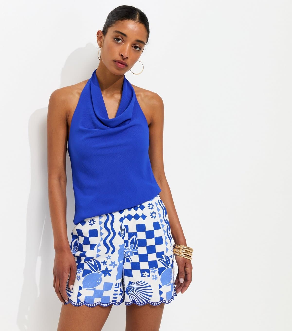 New Look Women's Blue Shell Print Scallop Hem Shorts New Look