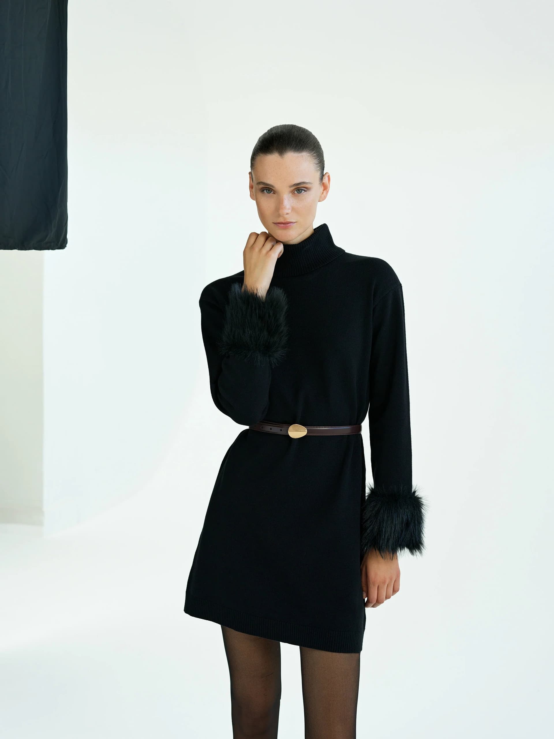 French Connection Moana Knit Faux Fur Cuff Dress Black