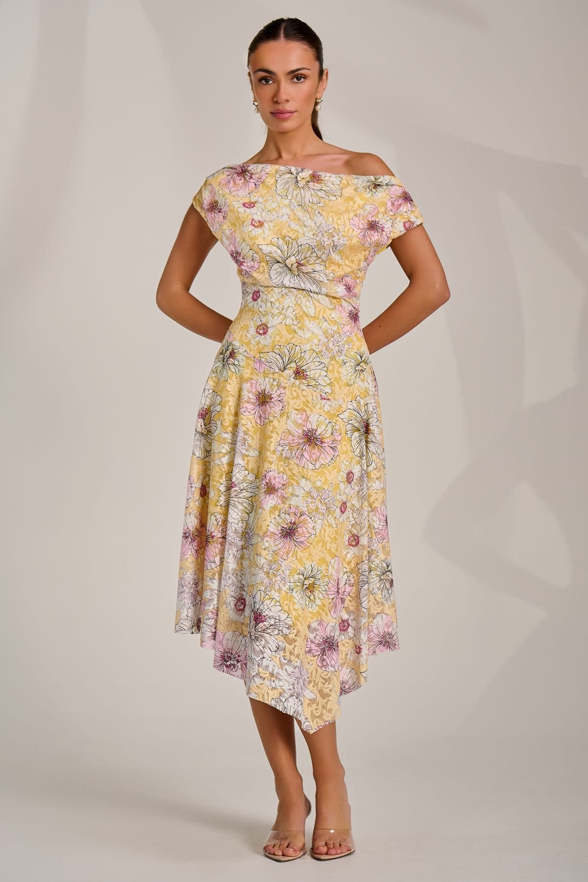 Jolie Moi Jolie Moi Women's Asymmetric Printed Lace Draped Dress in Yellow - 4