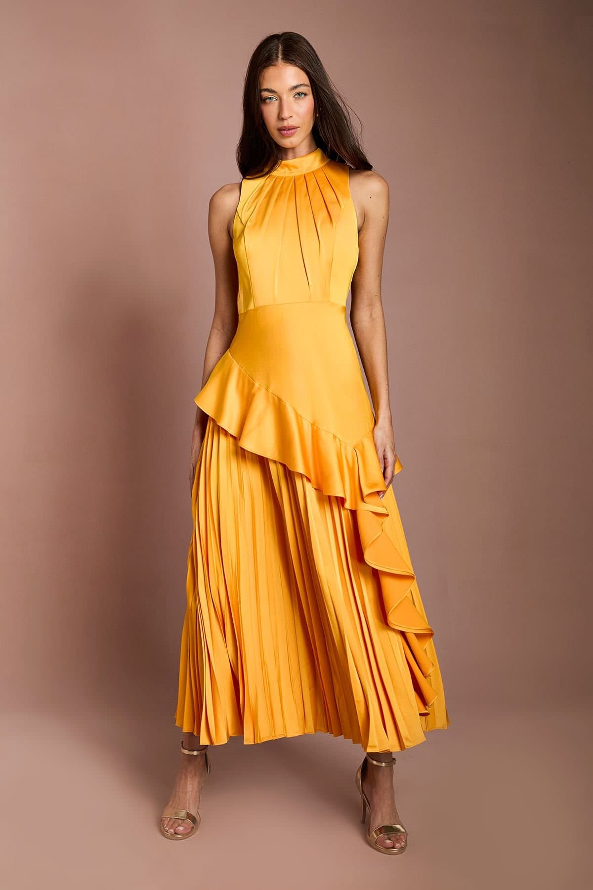 Coast Coast Women's Sleeveless Ruffle Pleat Satin Back Crepe Dress in Orange