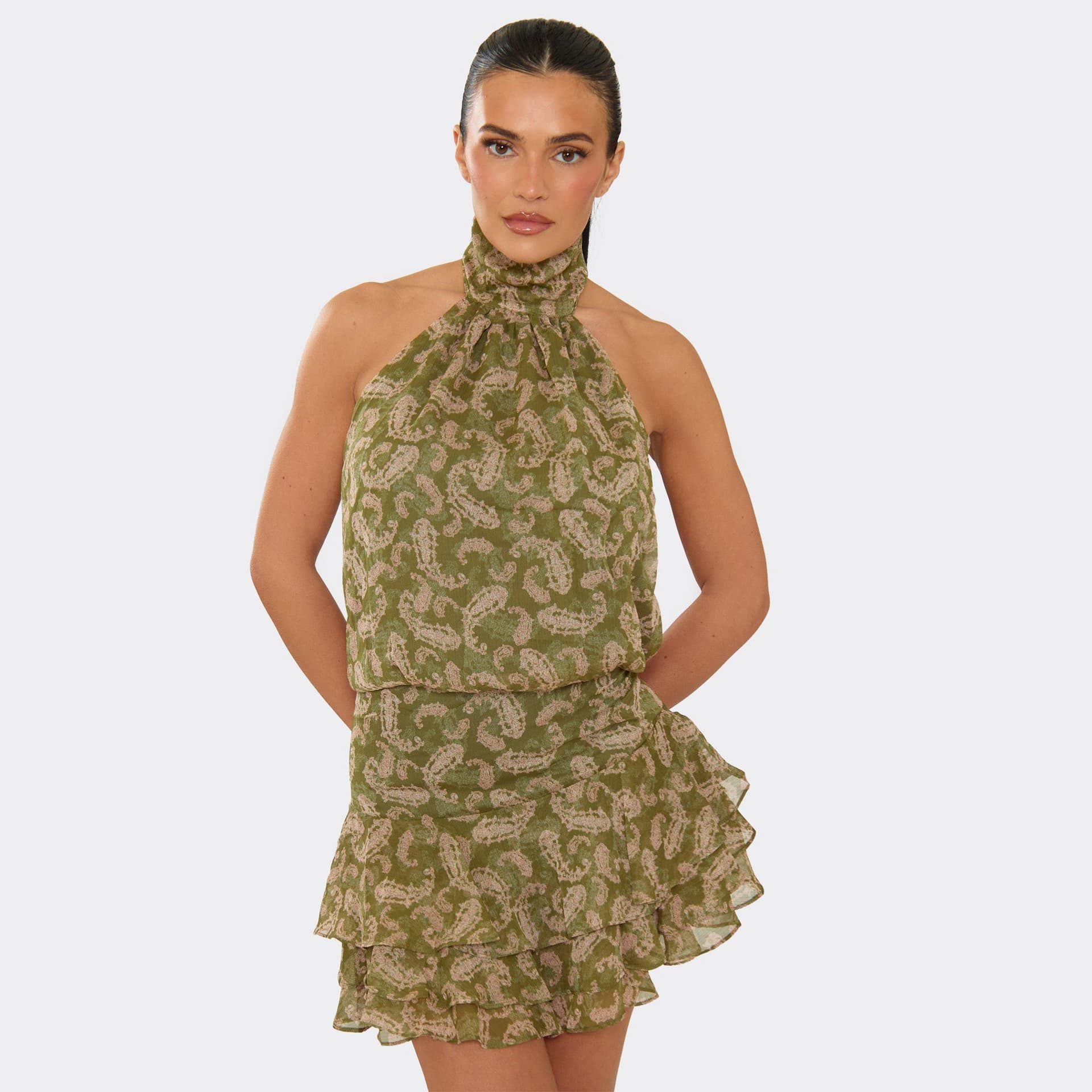 EGO Halterneck Ruffle Hem Mini Dress In Multi Abstract Print, Women's Size UK L