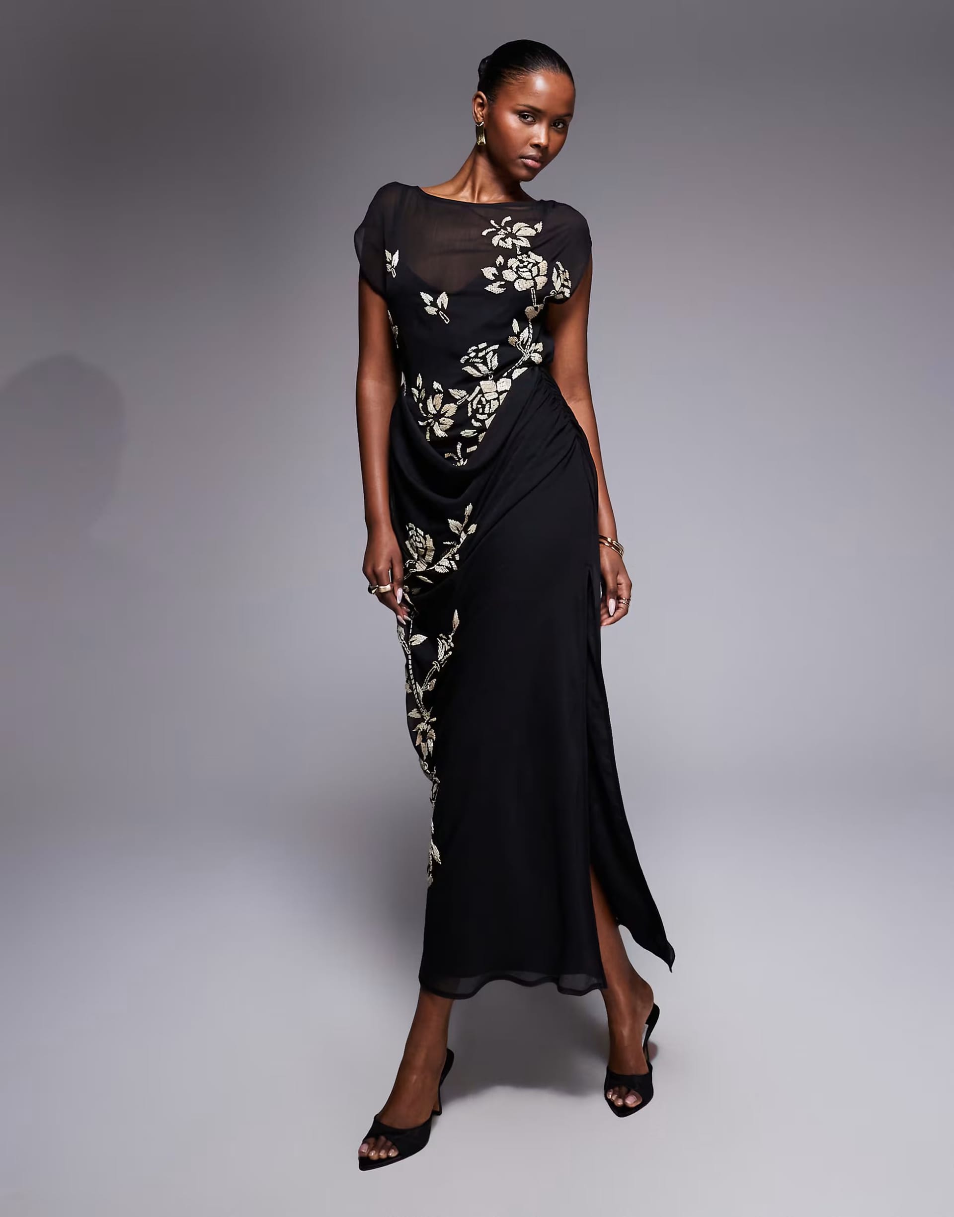 ASOS DESIGN Mono Asymmetric Sleeve Floral Maxi Dress