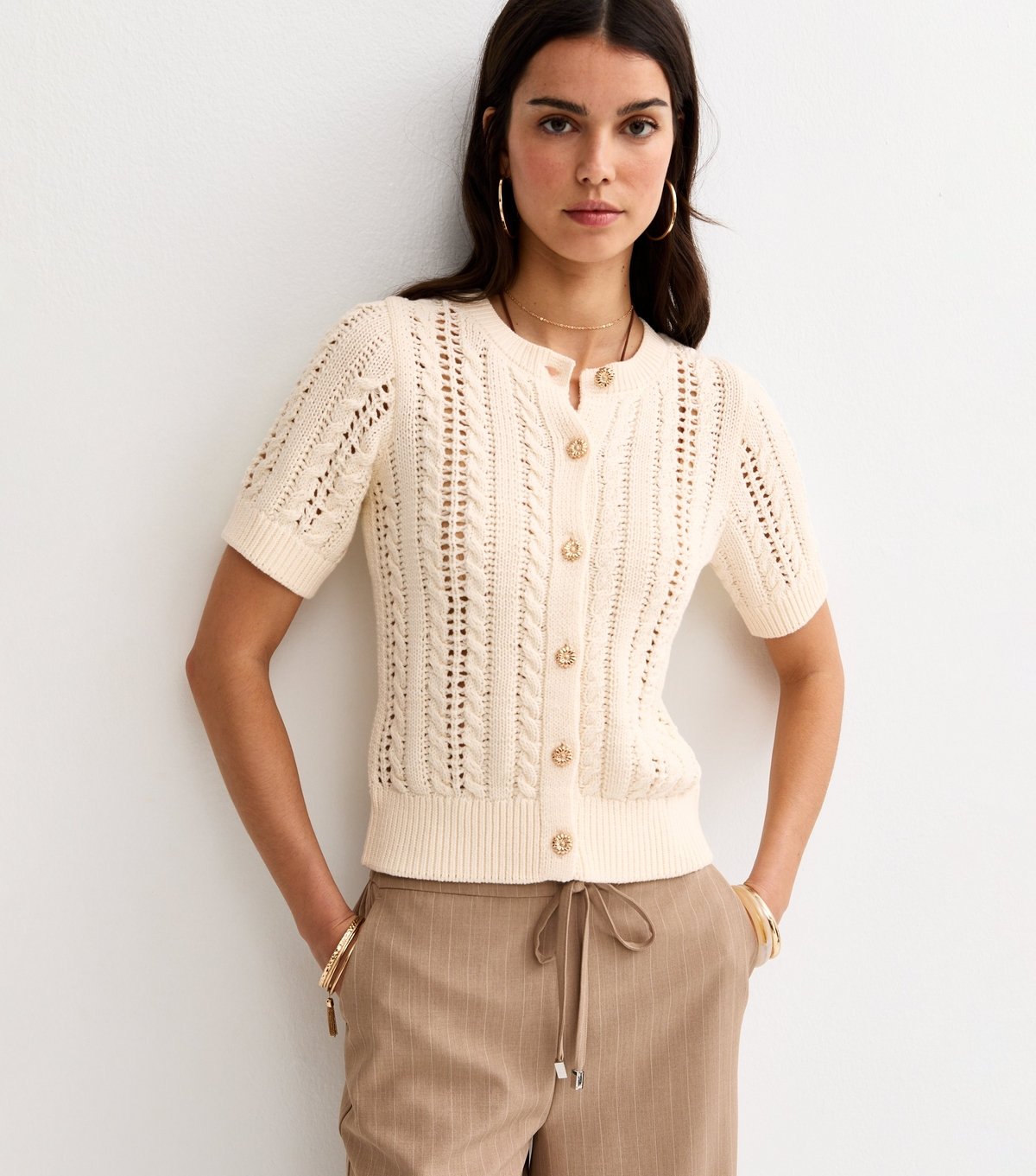 New Look Women's Cream Cotton Cable Knit Short Sleeve Cardigan New Look - 2
