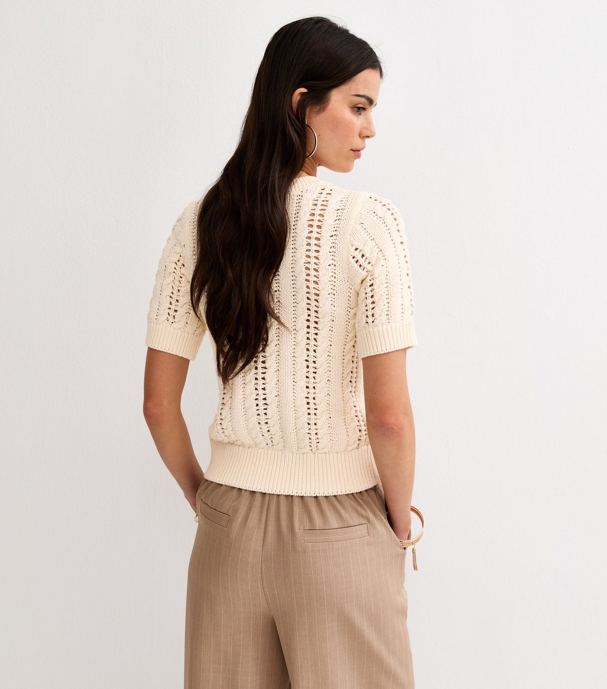 New Look Women's Cream Cotton Cable Knit Short Sleeve Cardigan New Look - 4