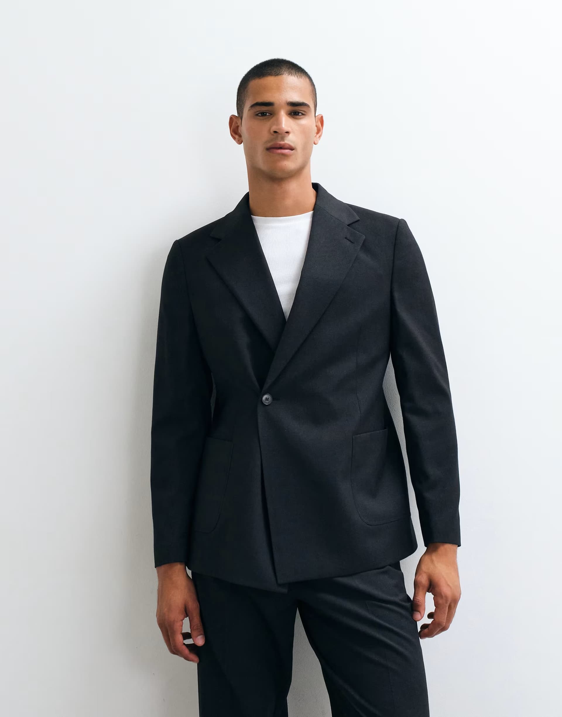 ASOS ASOS DESIGN slim denim look double breasted suit jacket in black washable wool