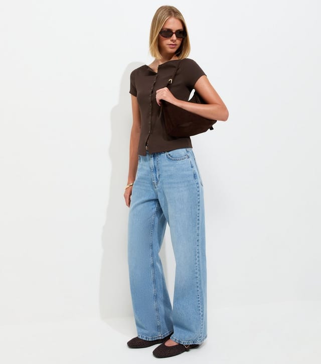 New Look Women's Dark Brown Cotton Rich Button Through Baby Tee T-Shirt New Look - 3