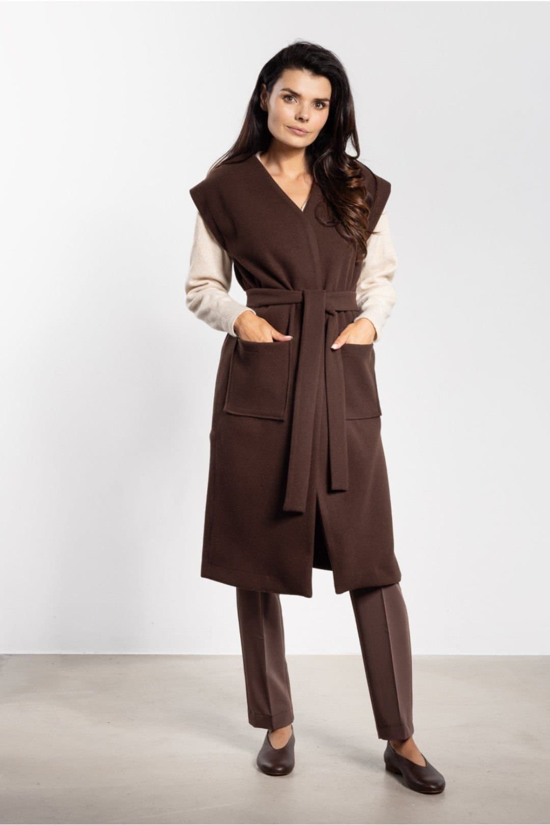 Love Lace Love Lace Women's Long Soft Fleece Vest With Belt Pockets in Brown