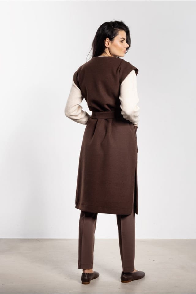 Love Lace Love Lace Women's Long Soft Fleece Vest With Belt Pockets in Brown - 3
