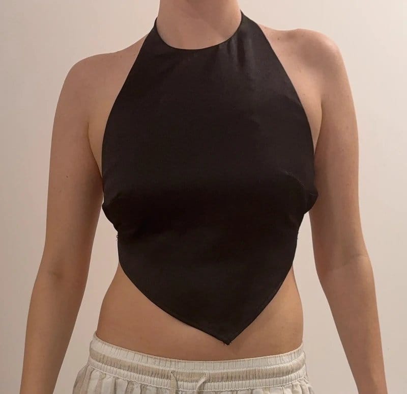 Bershka Black Satin Tie Neck/Halter Backless Going Out Top - 1