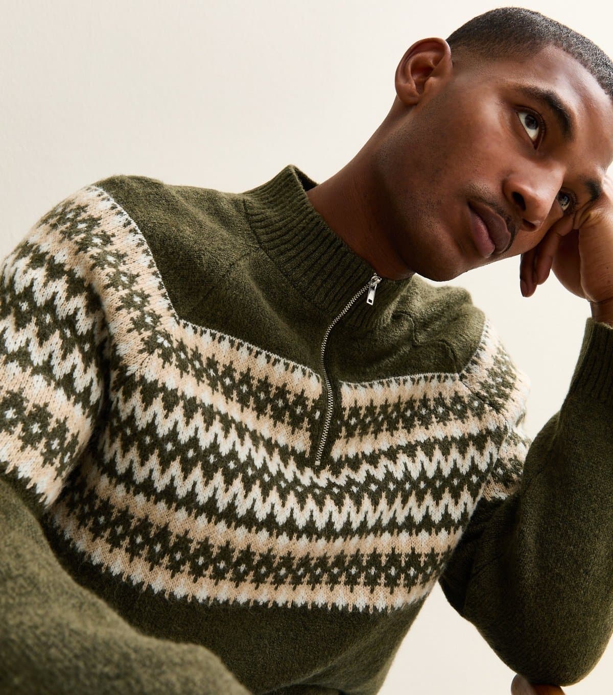 New Look Men's Green Regular Quarter Zip Fairisle Pattern Jumper New Look