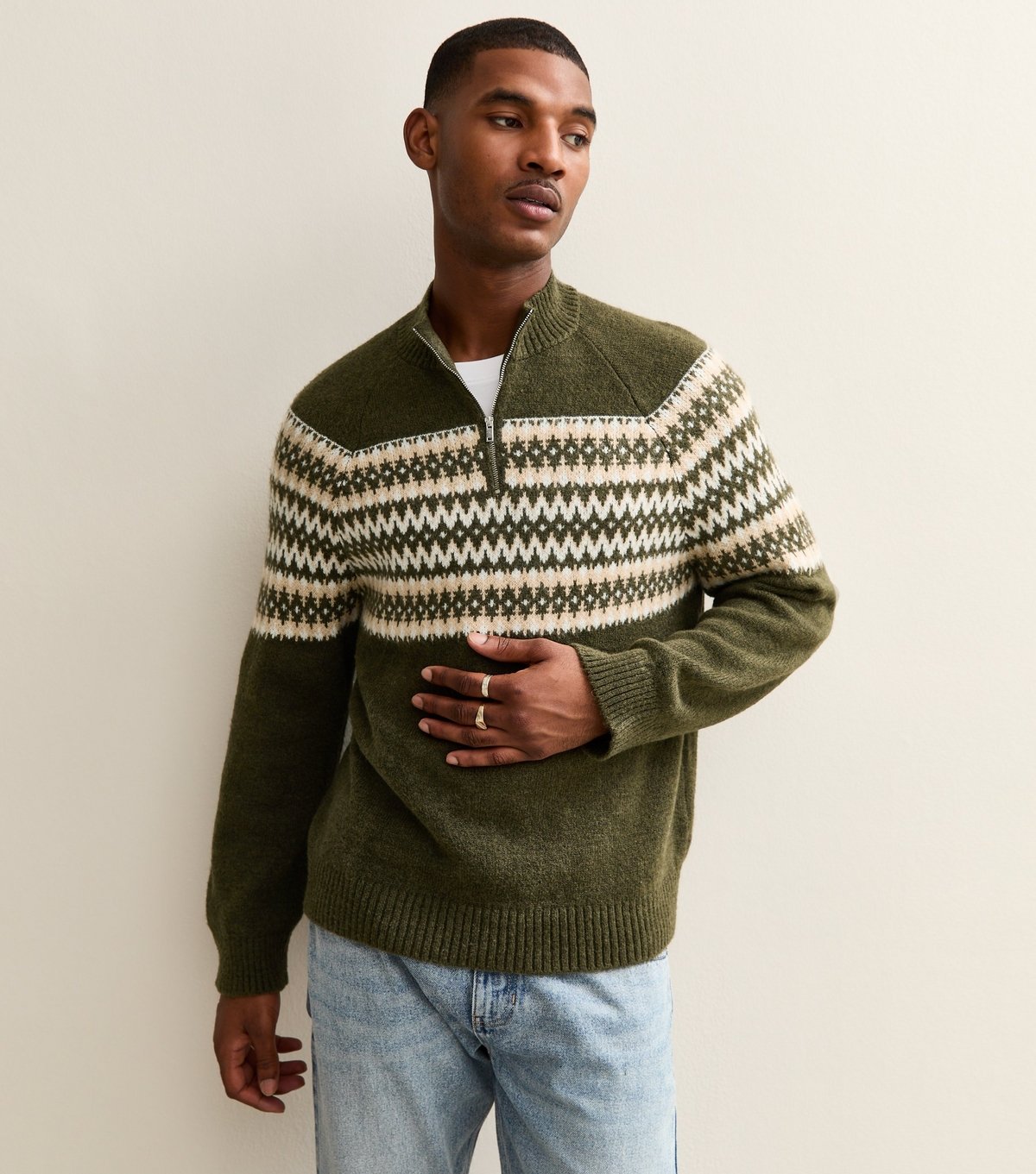 New Look Men's Green Regular Quarter Zip Fairisle Pattern Jumper New Look - 2