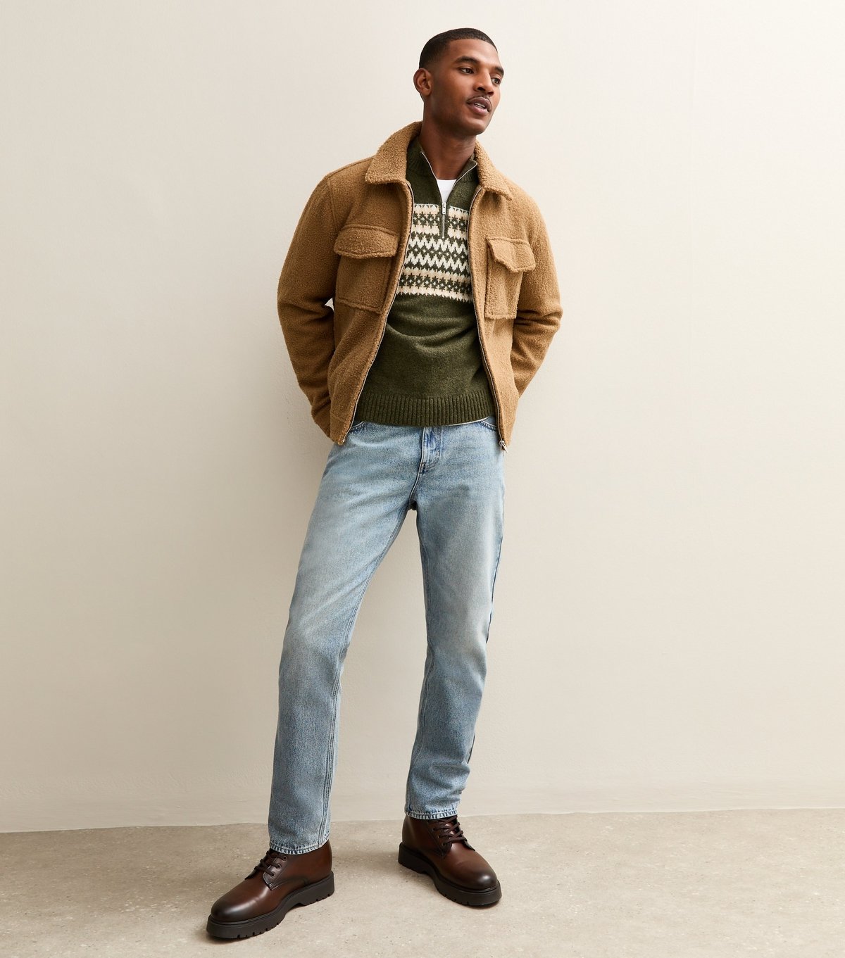 New Look Men's Green Regular Quarter Zip Fairisle Pattern Jumper New Look - 3