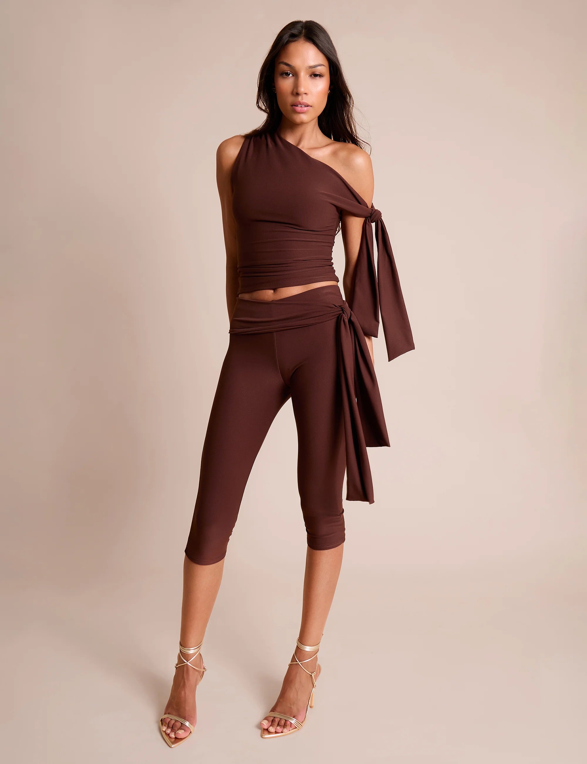 Public Desire Knot Detail Asymmetric One Shoulder Luxe Slinky Top Chocolate - 3