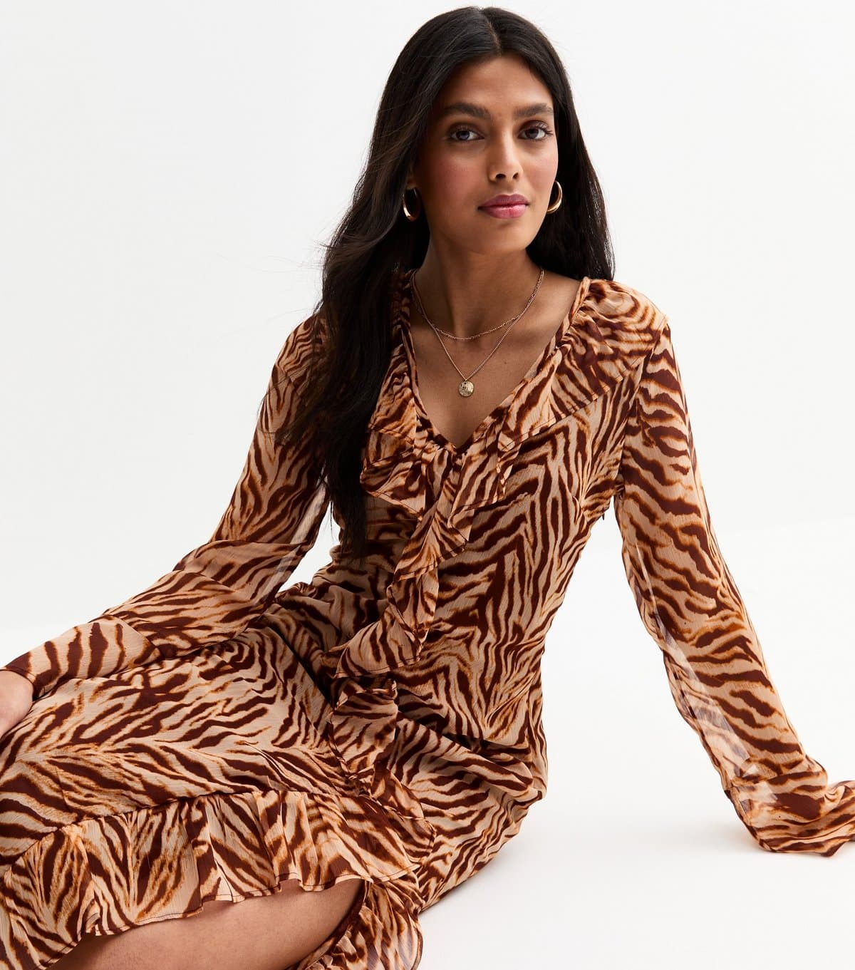 New Look Women's Brown Animal Print Chiffon Midi Dress New Look