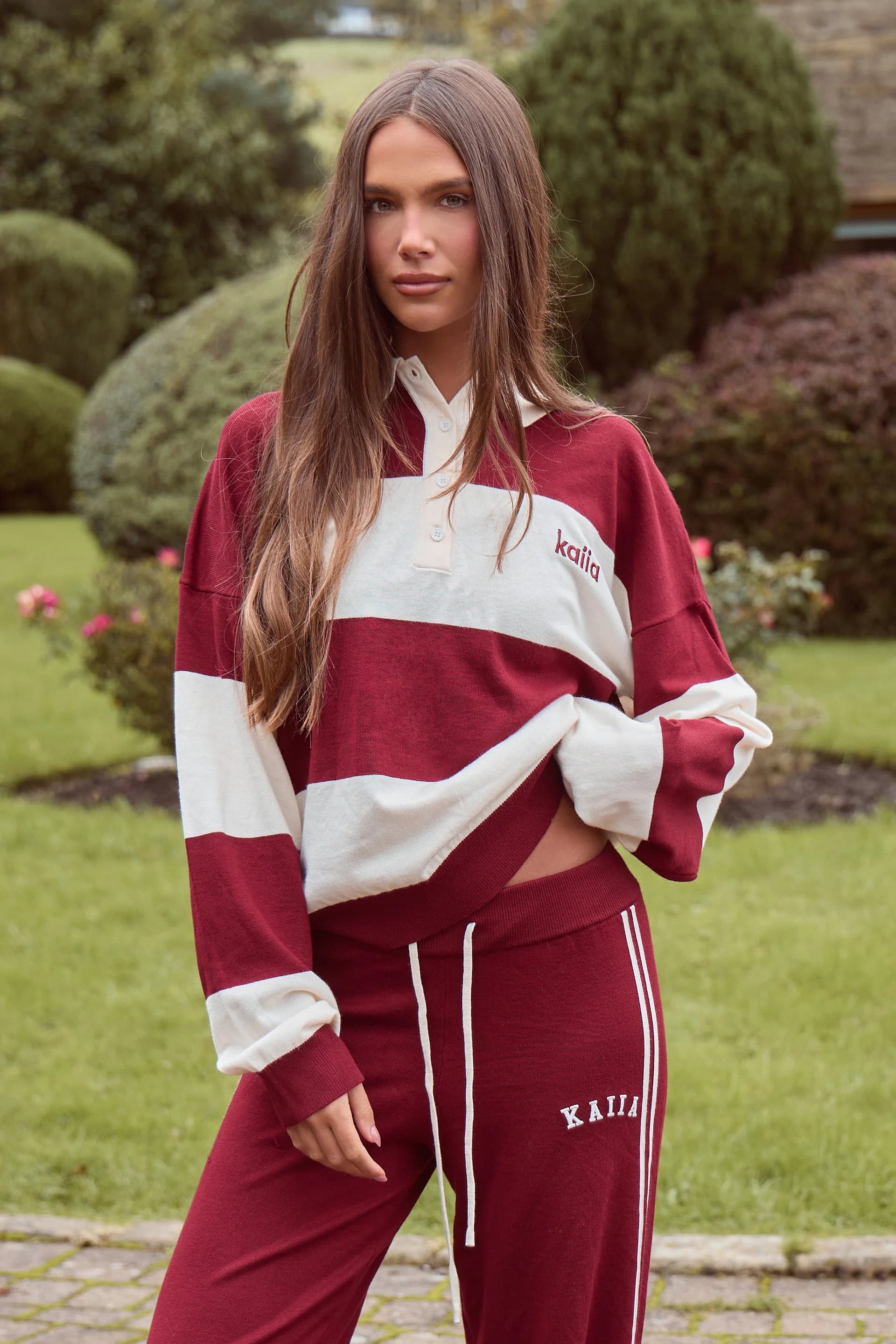 Kaiia Kaiia Lightweight Knit Oversized Rugby Style Shirt Dark Cherry & Cream