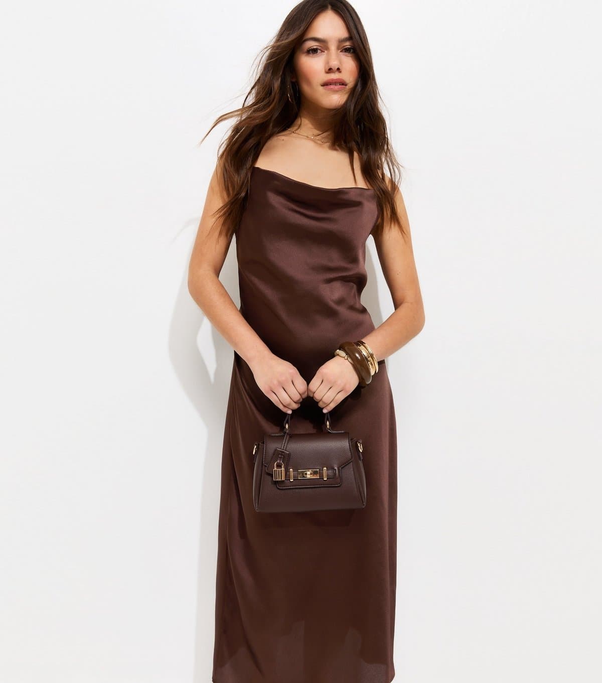 New Look Women's Petite Brown Satin Slip Midi Dress New Look